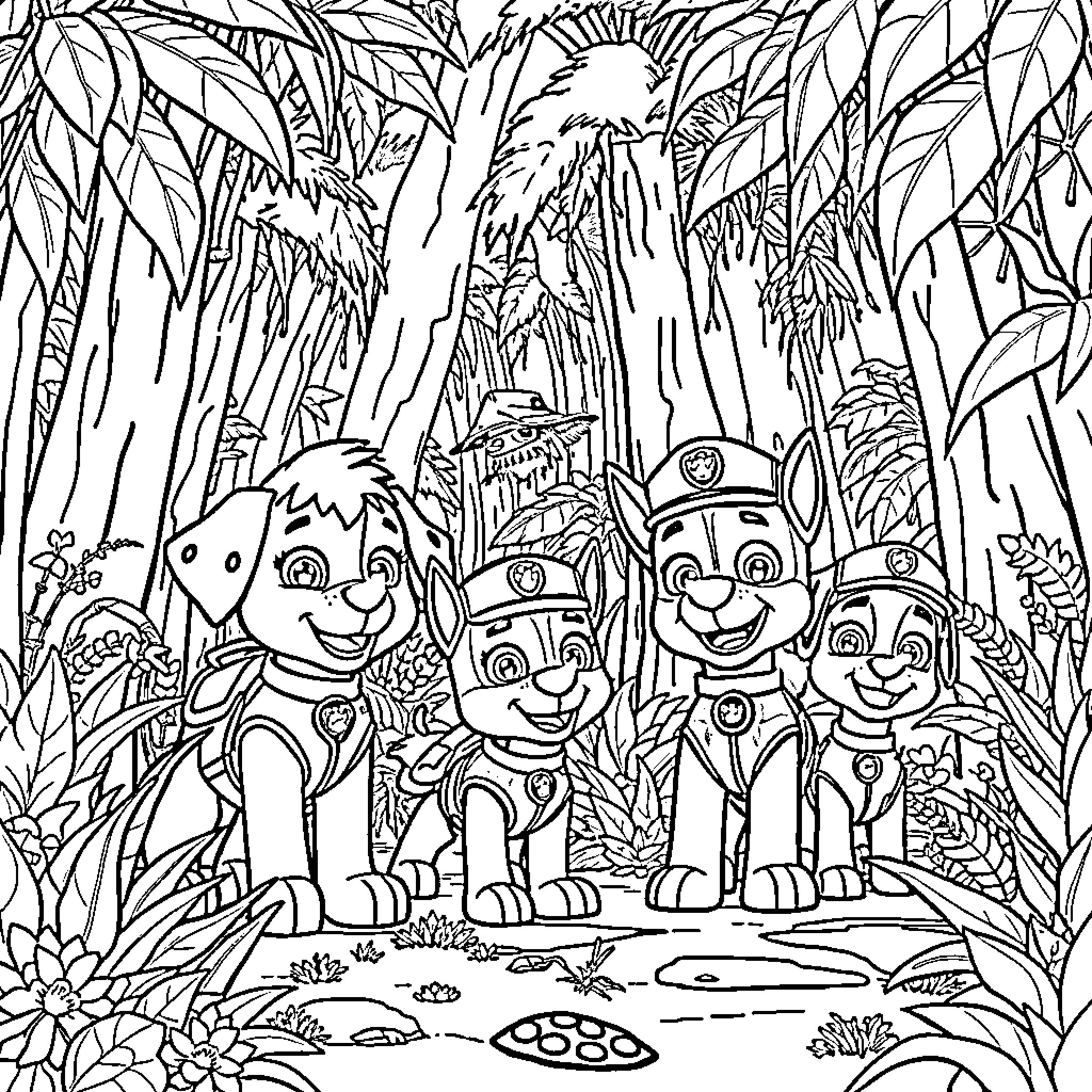 Paw Patrol exploring the jungle adventure Coloring Page (free black-and-white line drawing printable PDF for all, from beginners to advanced learners, including children, teens, adults, and seniors)
