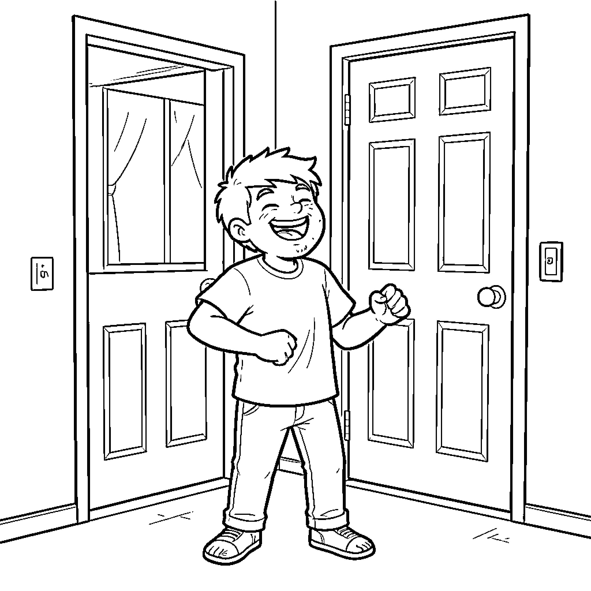 NormalDifficulty Happy boy laughing in a hallway Coloring Page (free black-and-white line drawing printable PDF for all, from beginners to advanced learners, including children, teens, adults, and seniors)
