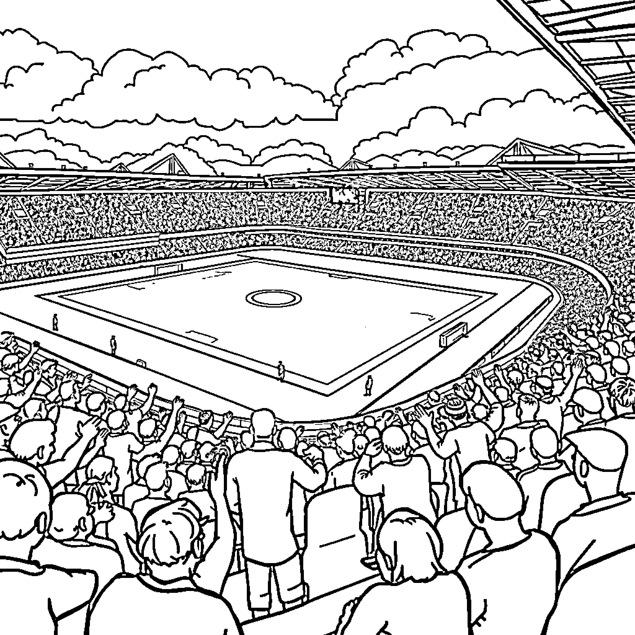 Goodison Park Packed with Spectators Watching Game Coloring Page (free black-and-white line drawing printable PDF for all, from beginners to advanced learners, including children, teens, adults, and seniors)