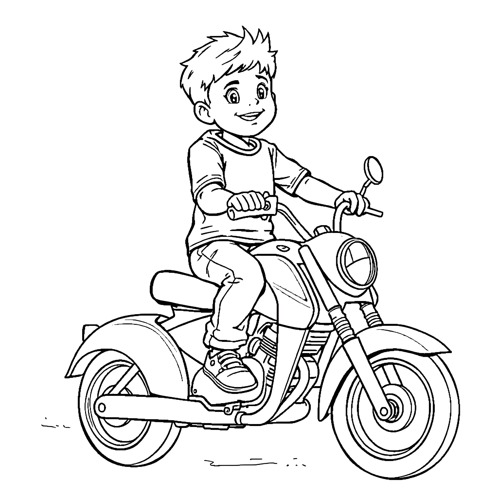 Niño riding motorcycle with joy Coloring Page (free black-and-white line drawing printable PDF for all, from beginners to advanced learners, including children, teens, adults, and seniors)