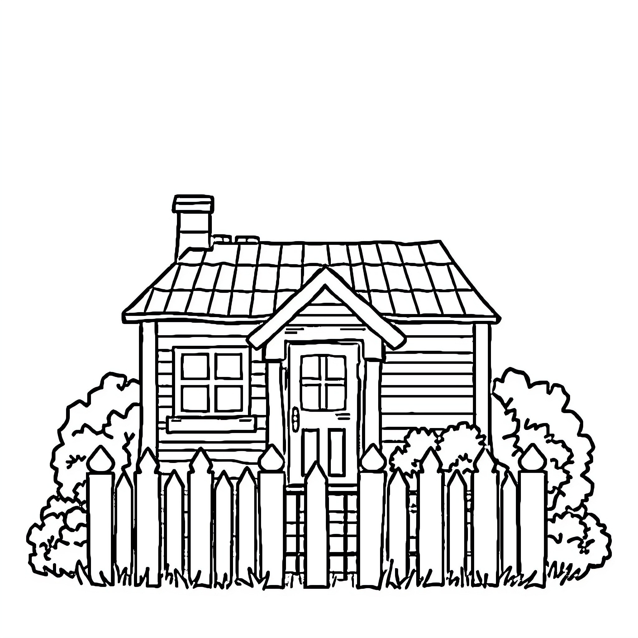 House with a wooden fence surrounded by trees Coloring Page (free black-and-white line drawing printable PDF for all, from beginners to advanced learners, including children, teens, adults, and seniors)