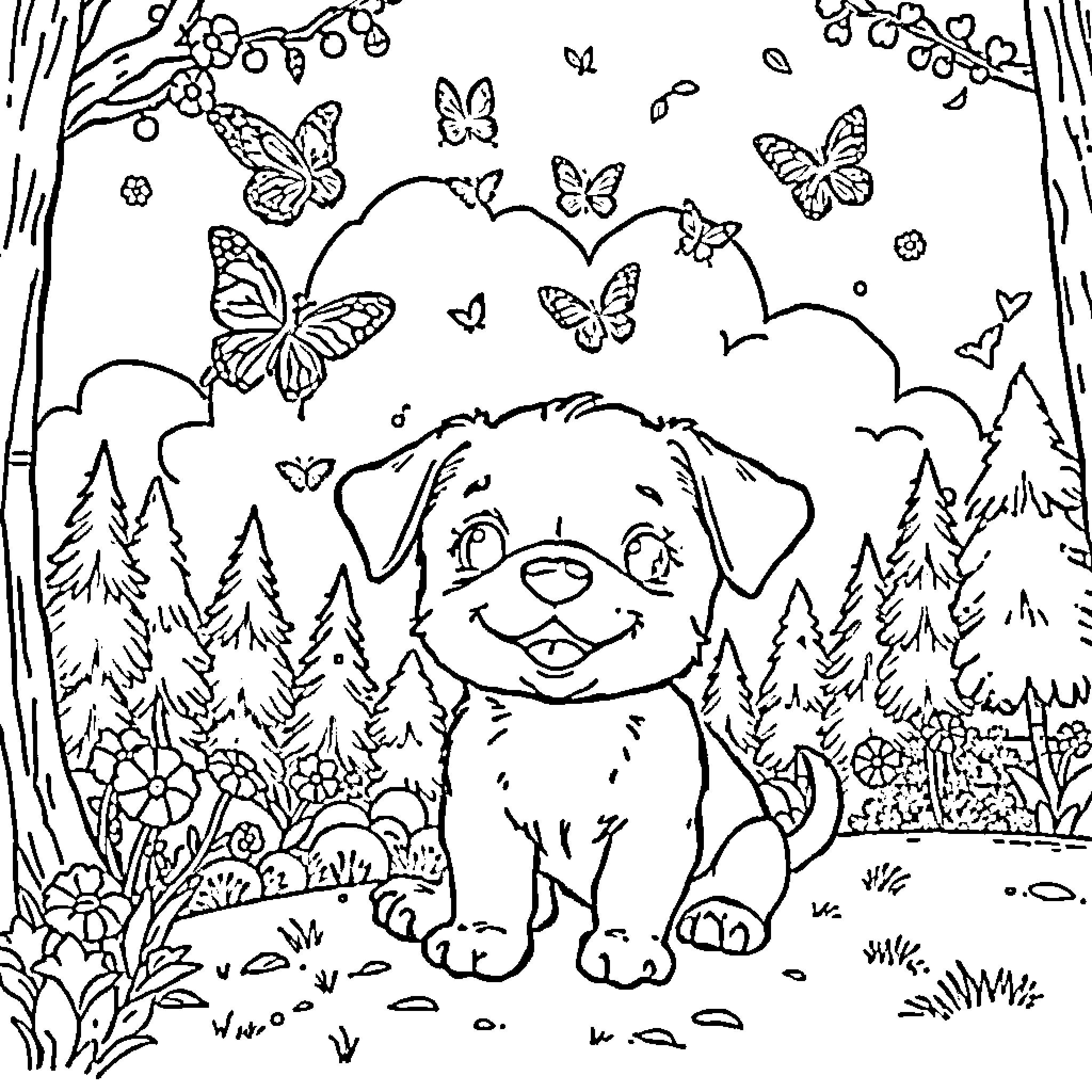 Puppy exploring a whimsical forest landscape Coloring Page (free black-and-white line drawing printable PDF for all, from beginners to advanced learners, including children, teens, adults, and seniors)