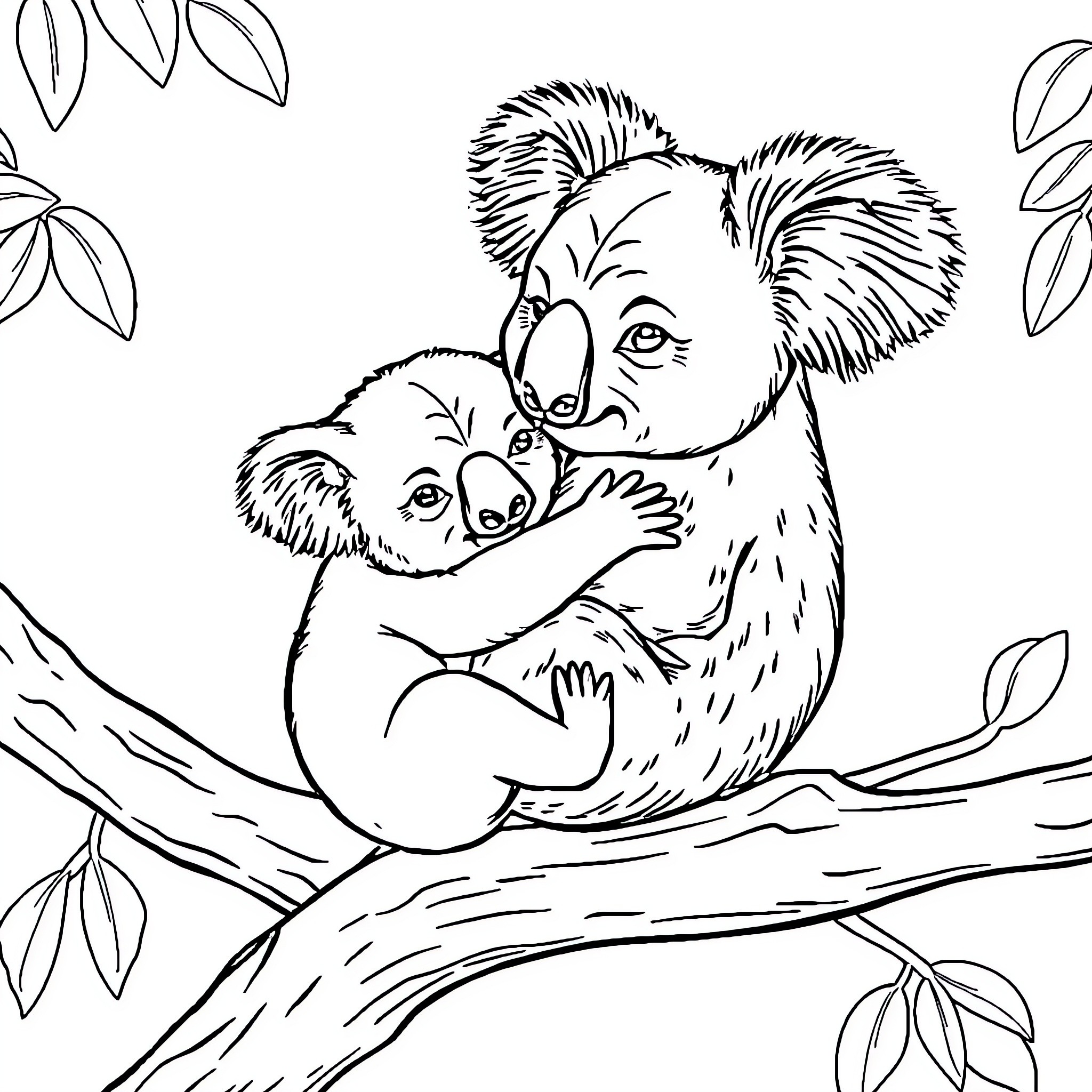 Koala parents hugging their baby on a tree branch Coloring Page (free black-and-white line drawing printable PDF for all, from beginners to advanced learners, including children, teens, adults, and seniors)