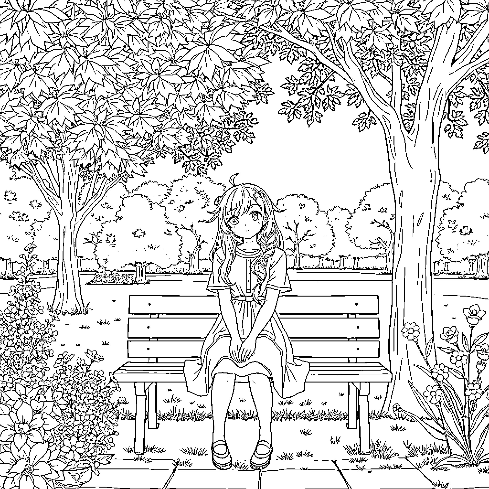 Anime Girl Sitting on Bench in Autumn Landscape Coloring Page (free black-and-white line drawing printable PDF for all, from beginners to advanced learners, including children, teens, adults, and seniors)