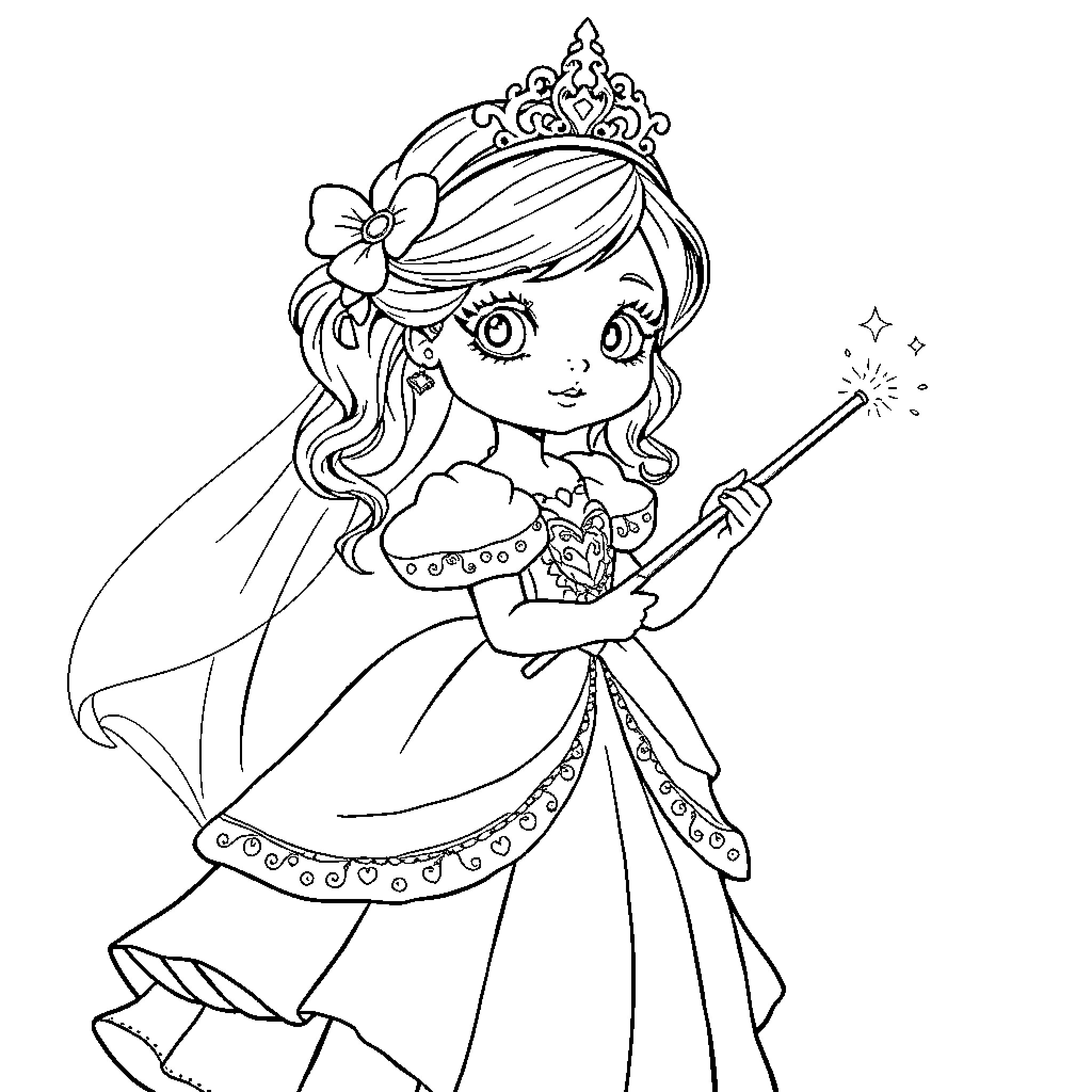 Princess enchanted by magical wand Coloring Page (free black-and-white line drawing printable PDF for all, from beginners to advanced learners, including children, teens, adults, and seniors)