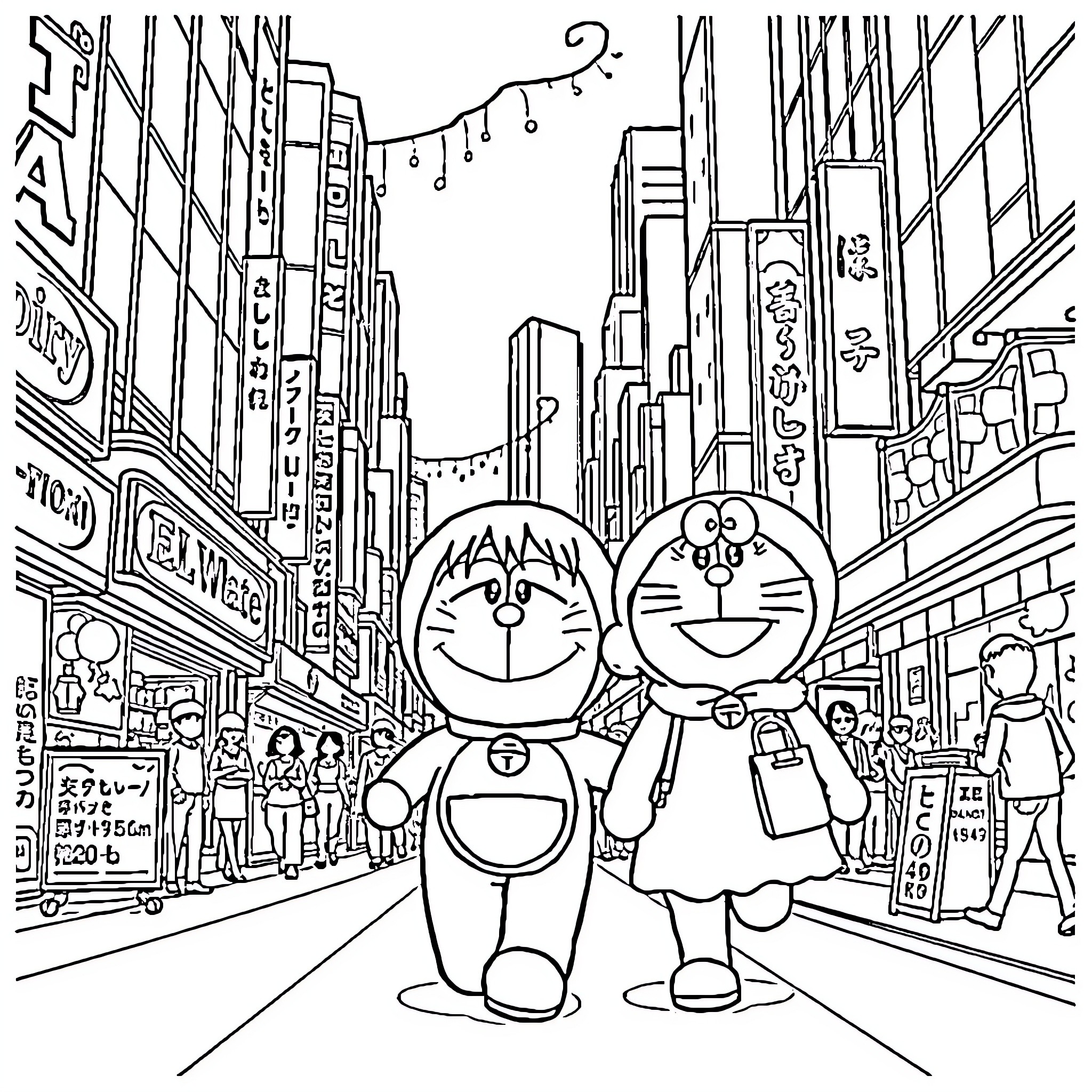 Doraemon and friends explore the bustling city streets Coloring Page (free black-and-white line drawing printable PDF for all, from beginners to advanced learners, including children, teens, adults, and seniors)