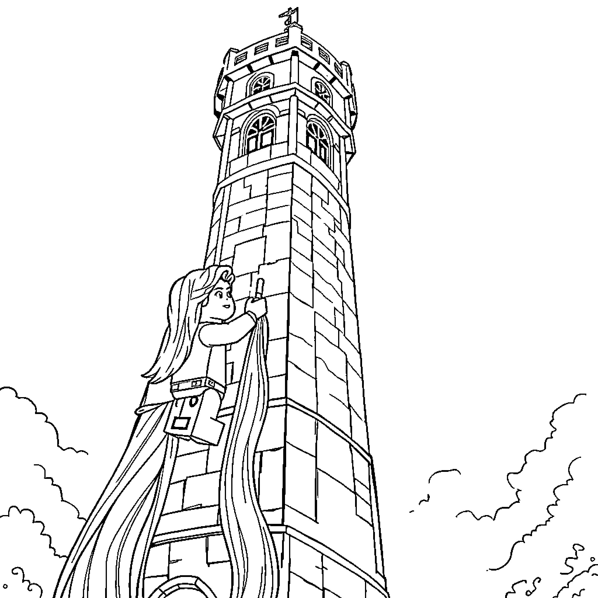Rapunzel gazes out from a tall tower Coloring Page (free black-and-white line drawing printable PDF for all, from beginners to advanced learners, including children, teens, adults, and seniors)