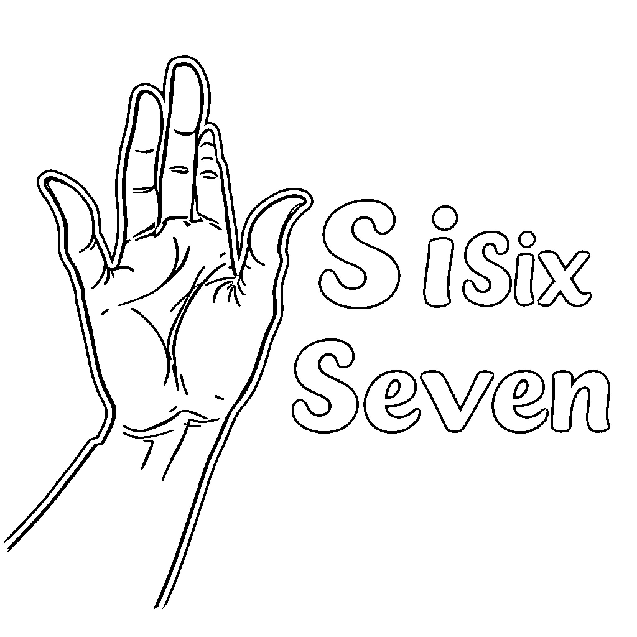 Hand gesture displaying the numbers six and seven Coloring Page (free black-and-white line drawing printable PDF for all, from beginners to advanced learners, including children, teens, adults, and seniors)