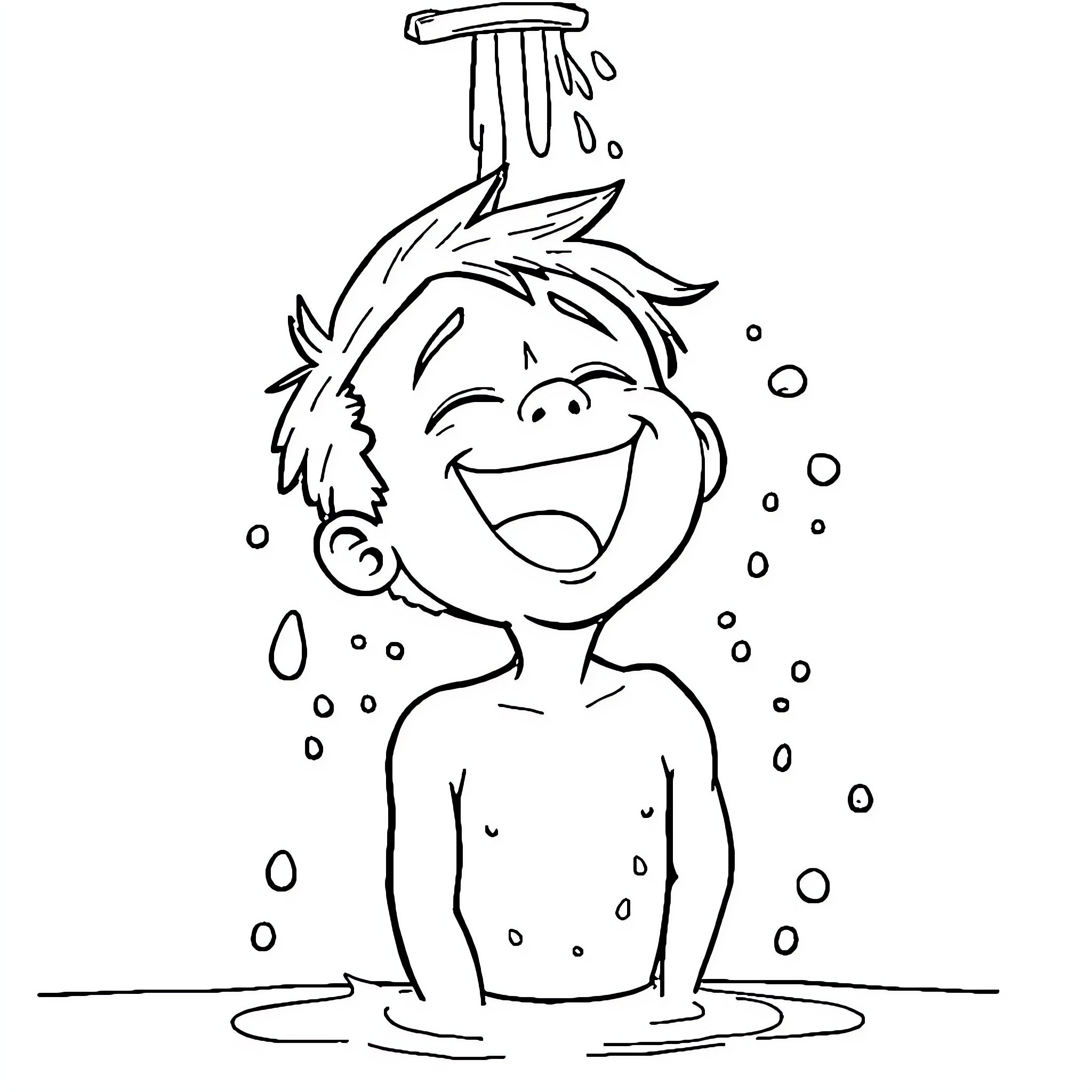 Boy enjoying a refreshing shower Coloring Page (free black-and-white line drawing printable PDF for all, from beginners to advanced learners, including children, teens, adults, and seniors)