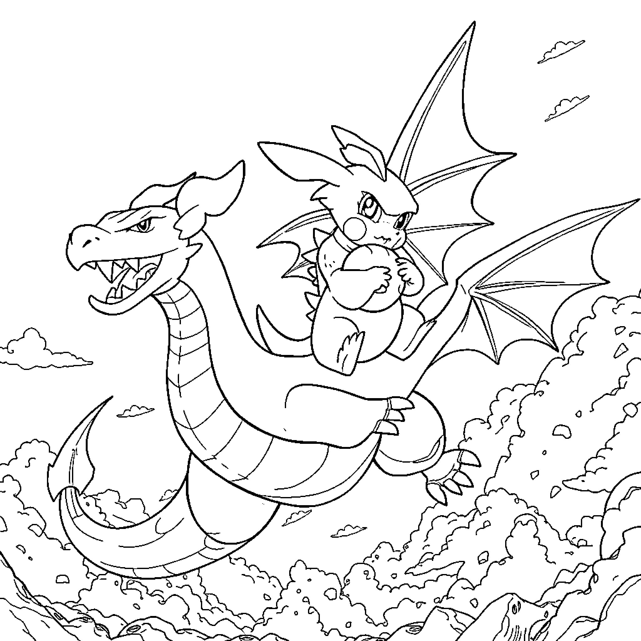 Pokémon dragon and monster flying in clouds Coloring Page (free black-and-white line drawing printable PDF for all, from beginners to advanced learners, including children, teens, adults, and seniors)