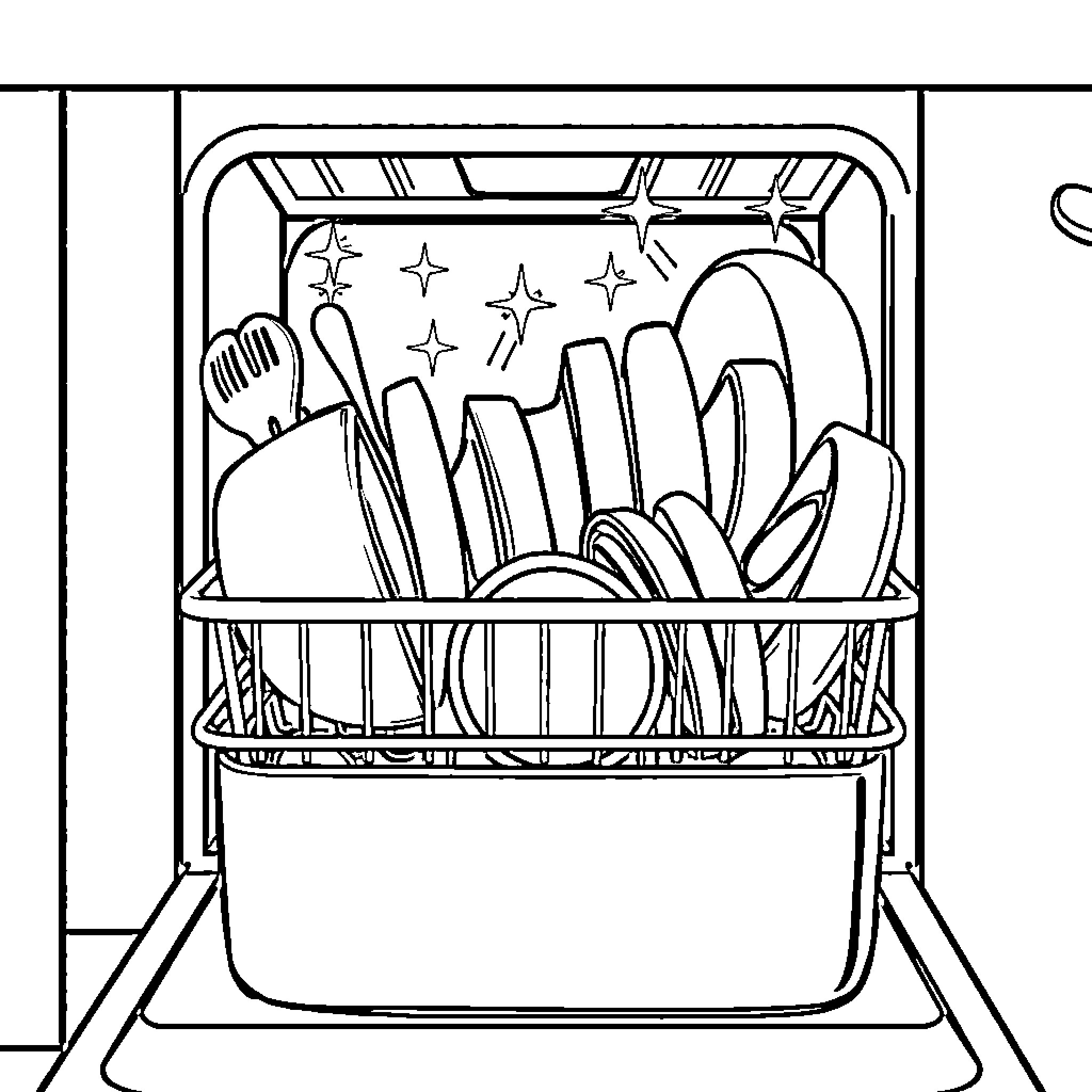 Dishwasher filled with clean kitchen utensils Coloring Page (free black-and-white line drawing printable PDF for all, from beginners to advanced learners, including children, teens, adults, and seniors)