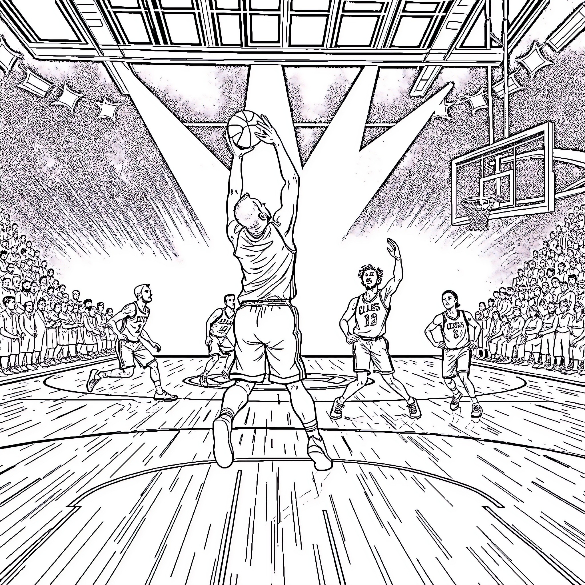 Basketball players in intense game action Coloring Page (free black-and-white line drawing printable PDF for all, from beginners to advanced learners, including children, teens, adults, and seniors)