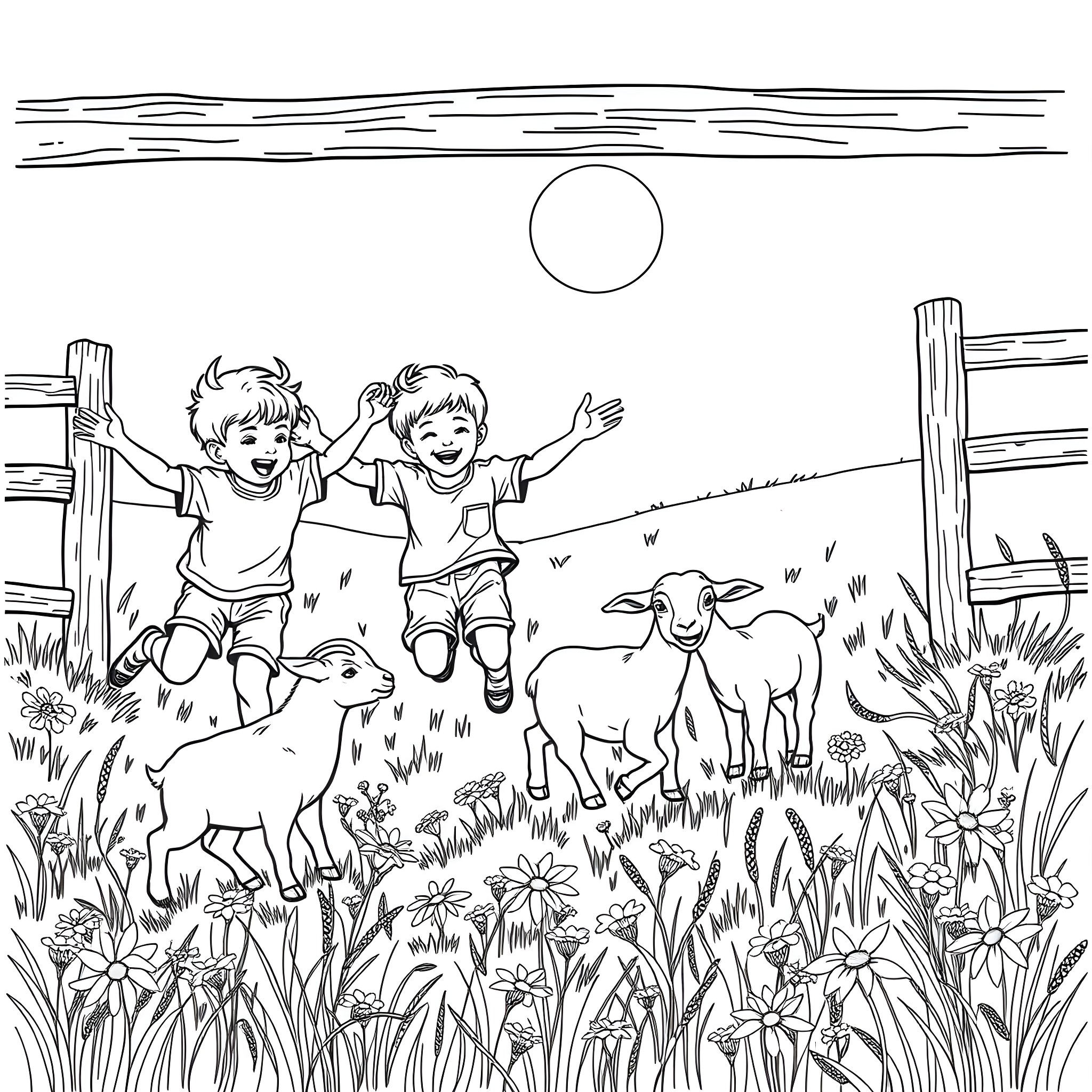 Brother jumping joyfully with baby goats in the meadow Coloring Page (free black-and-white line drawing printable PDF for all, from beginners to advanced learners, including children, teens, adults, and seniors)