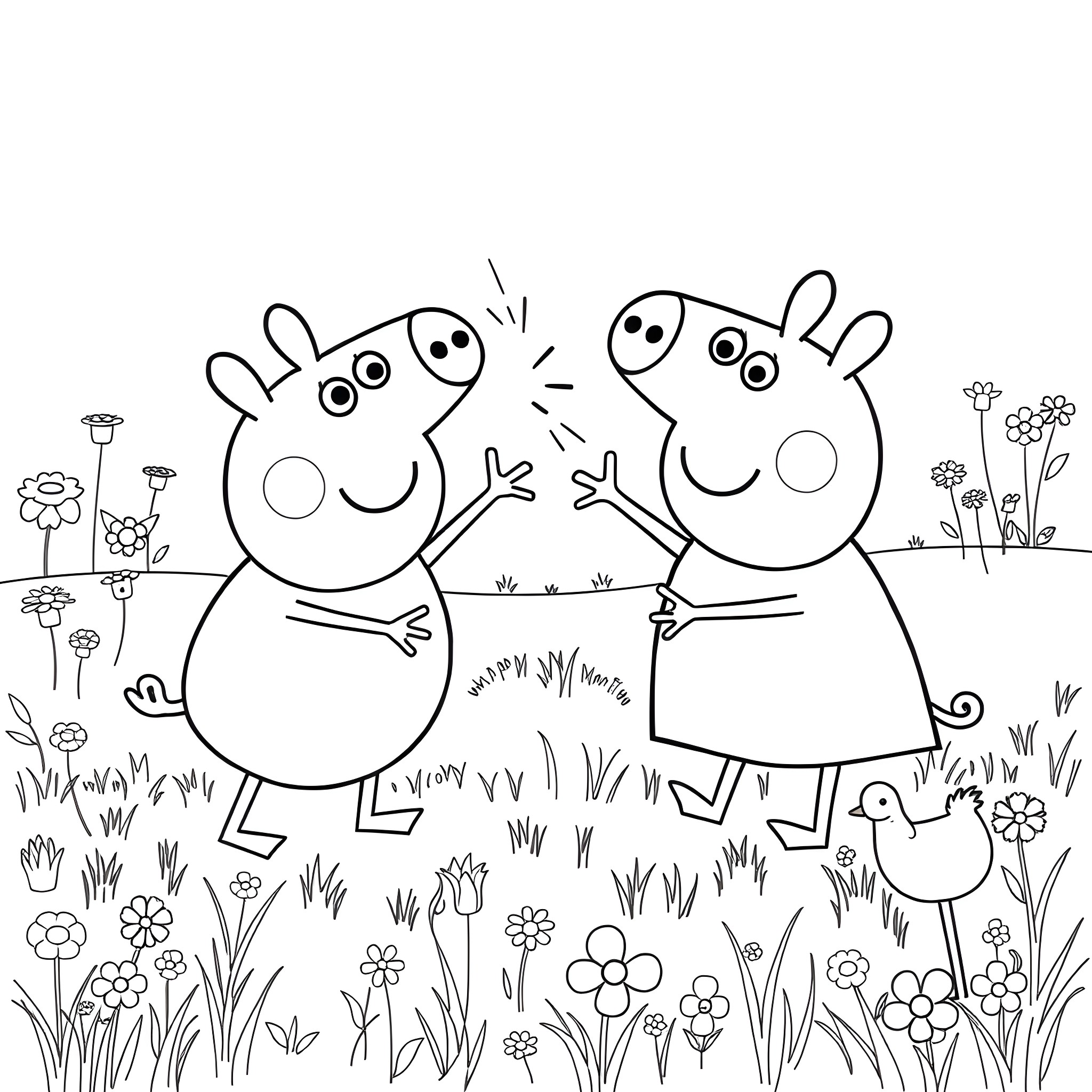 Bluey and friends exploring the outdoors together Coloring Page (free black-and-white line drawing printable PDF for all, from beginners to advanced learners, including children, teens, adults, and seniors)