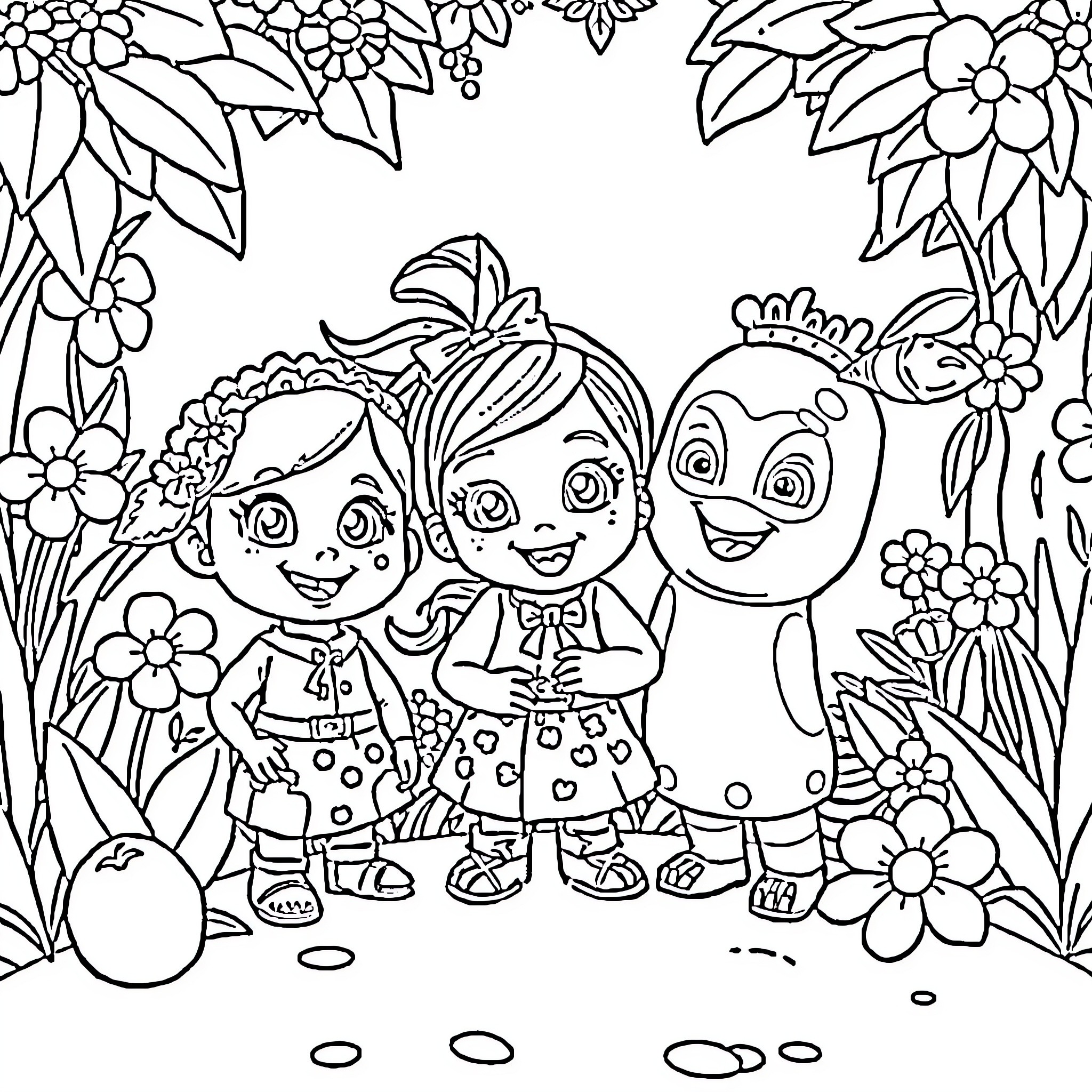 Tasha and her friends playing in a floral garden Coloring Page (free black-and-white line drawing printable PDF for all, from beginners to advanced learners, including children, teens, adults, and seniors)