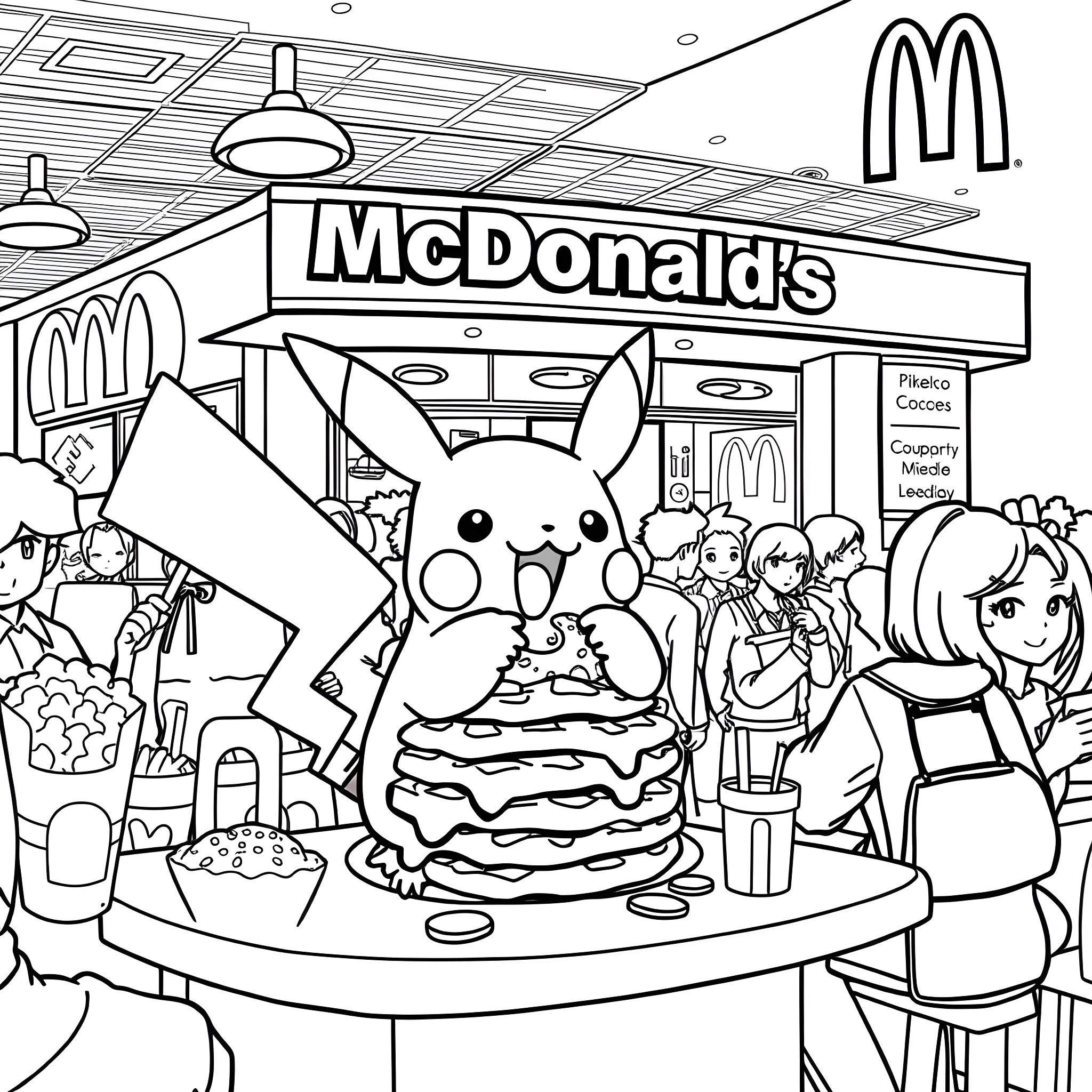 Pikachu and friends enjoy a McDonald's meal Coloring Page (free black-and-white line drawing printable PDF for all, from beginners to advanced learners, including children, teens, adults, and seniors)