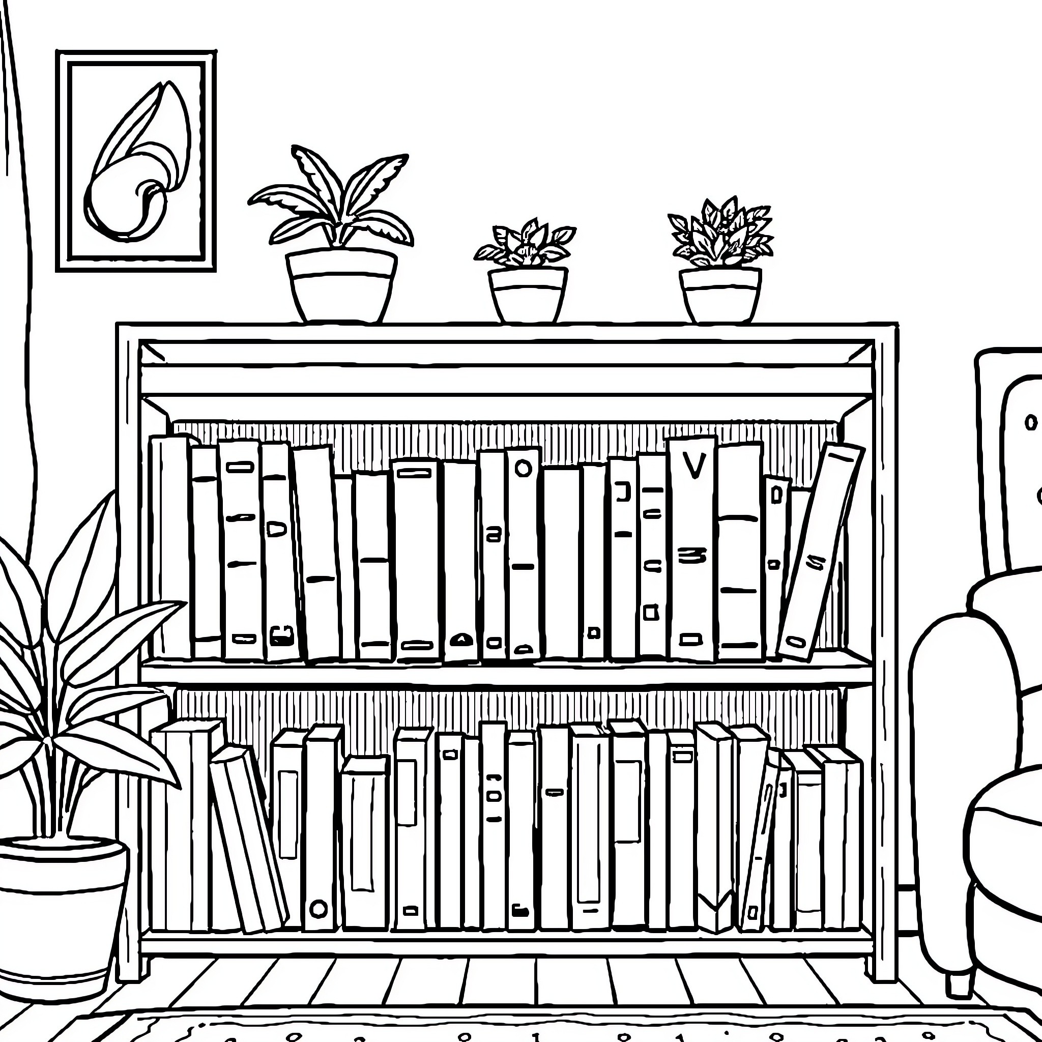 Apartment with Bookshelves and Potted Plants Coloring Page (free black-and-white line drawing printable PDF for all, from beginners to advanced learners, including children, teens, adults, and seniors)