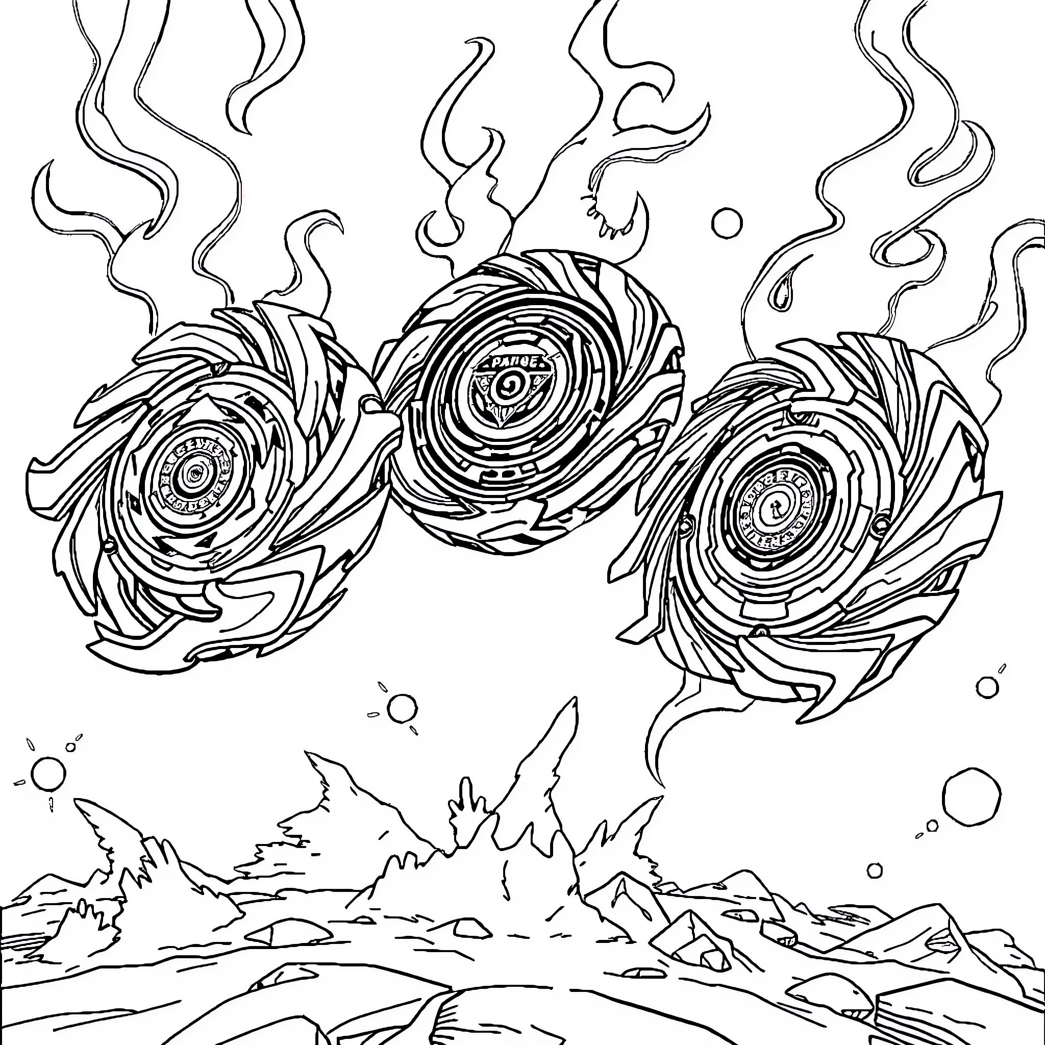 Beyblade Blading Blasters in Breathtaking Landscapes Coloring Page (free black-and-white line drawing printable PDF for all, from beginners to advanced learners, including children, teens, adults, and seniors)