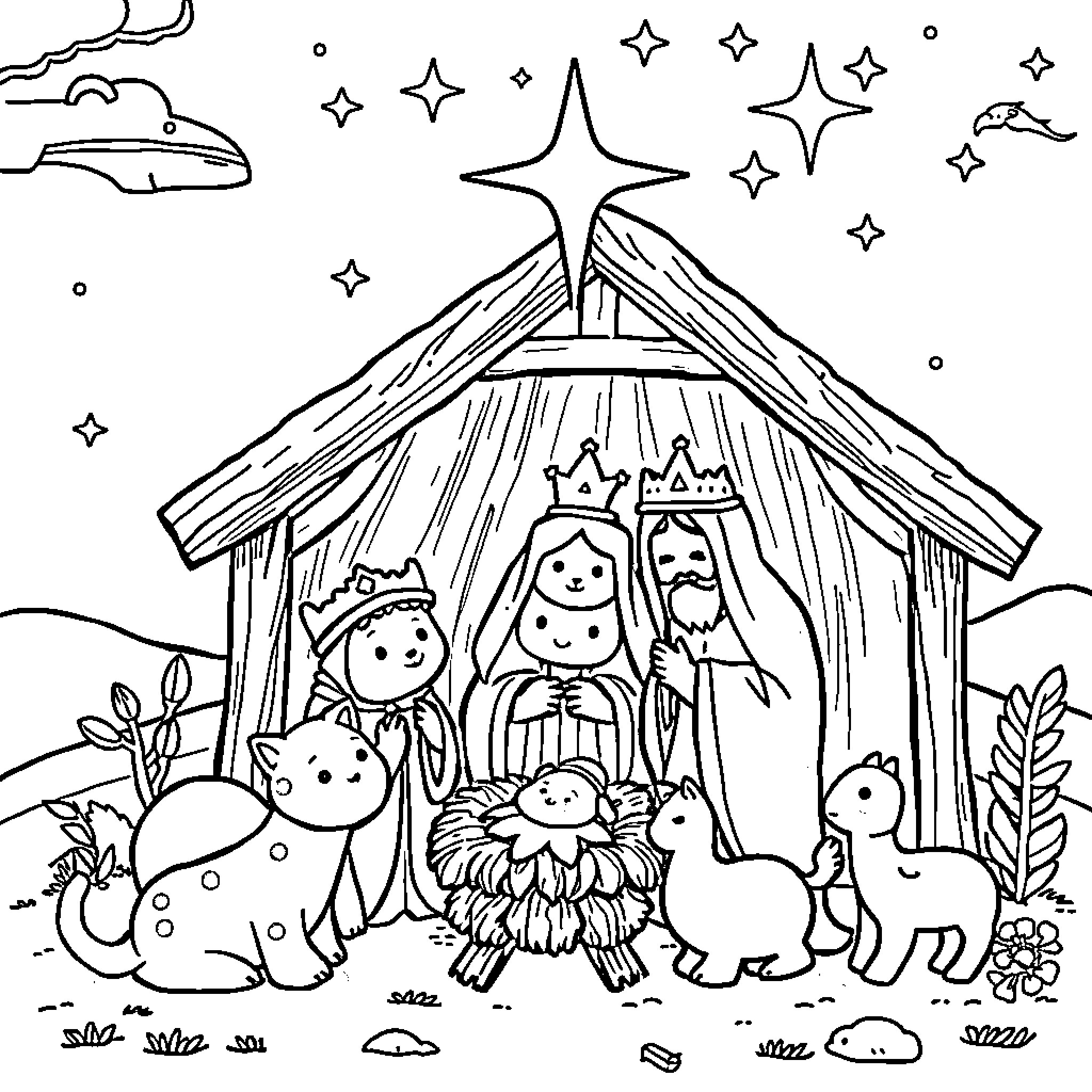 Nativity scene with holy family, animals, and stars Coloring Page (free black-and-white line drawing printable PDF for all, from beginners to advanced learners, including children, teens, adults, and seniors)
