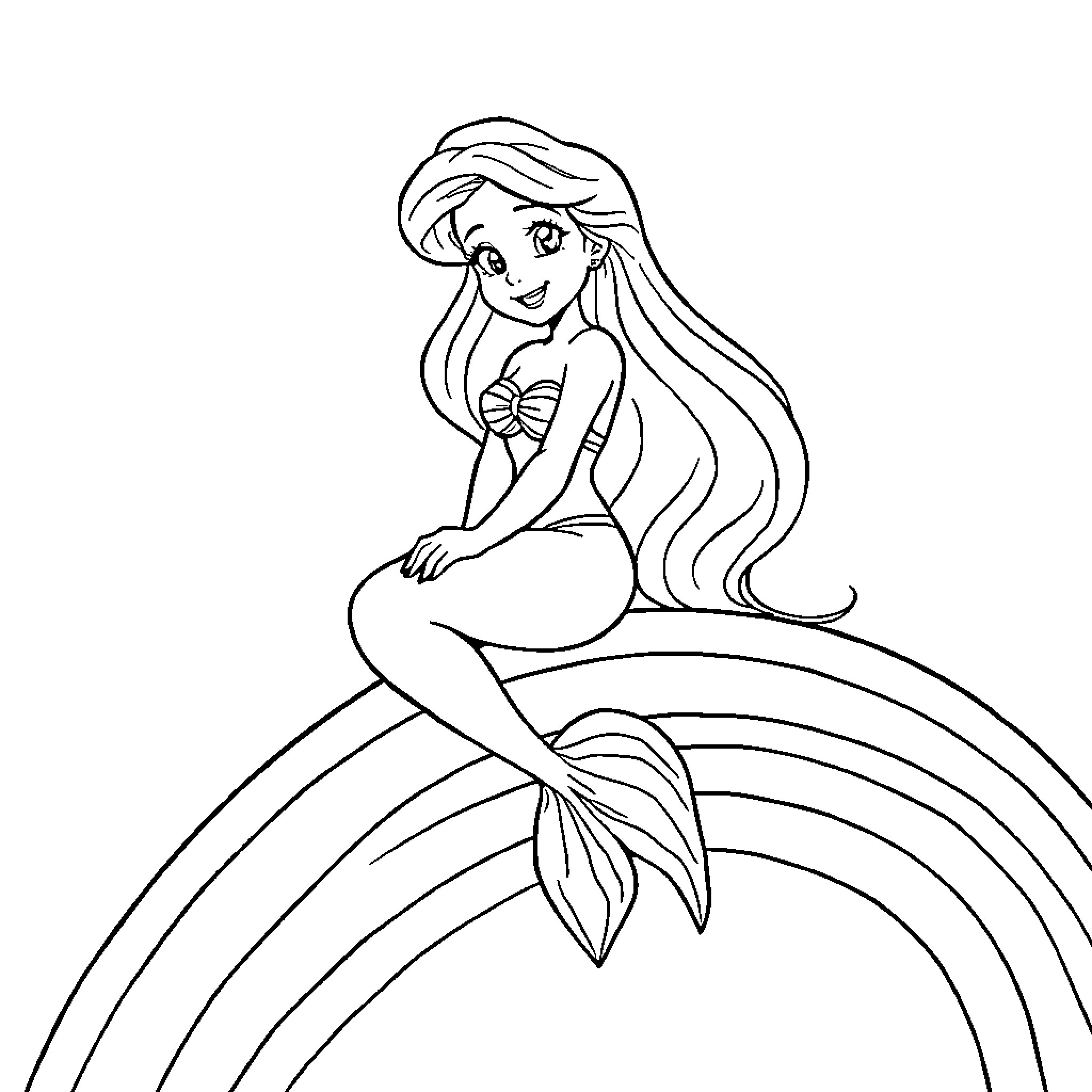 Ariel the mermaid sitting on a rainbow Coloring Page (free black-and-white line drawing printable PDF for all, from beginners to advanced learners, including children, teens, adults, and seniors)
