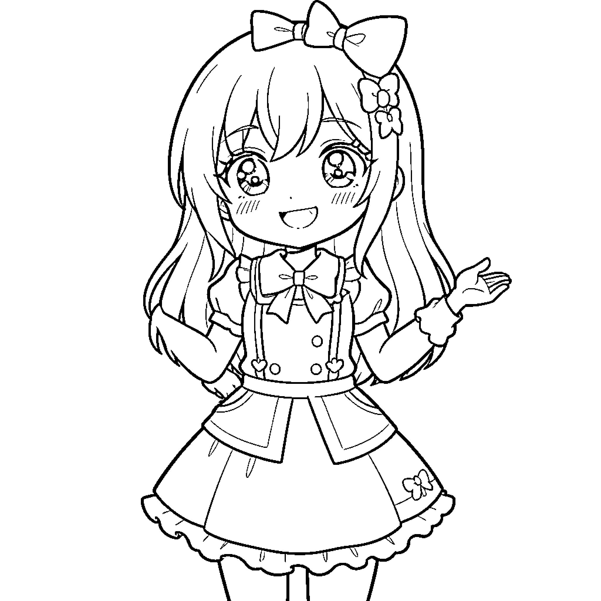 Anime Girl smiling and posing in a frilly outfit Coloring Page (free black-and-white line drawing printable PDF for all, from beginners to advanced learners, including children, teens, adults, and seniors)