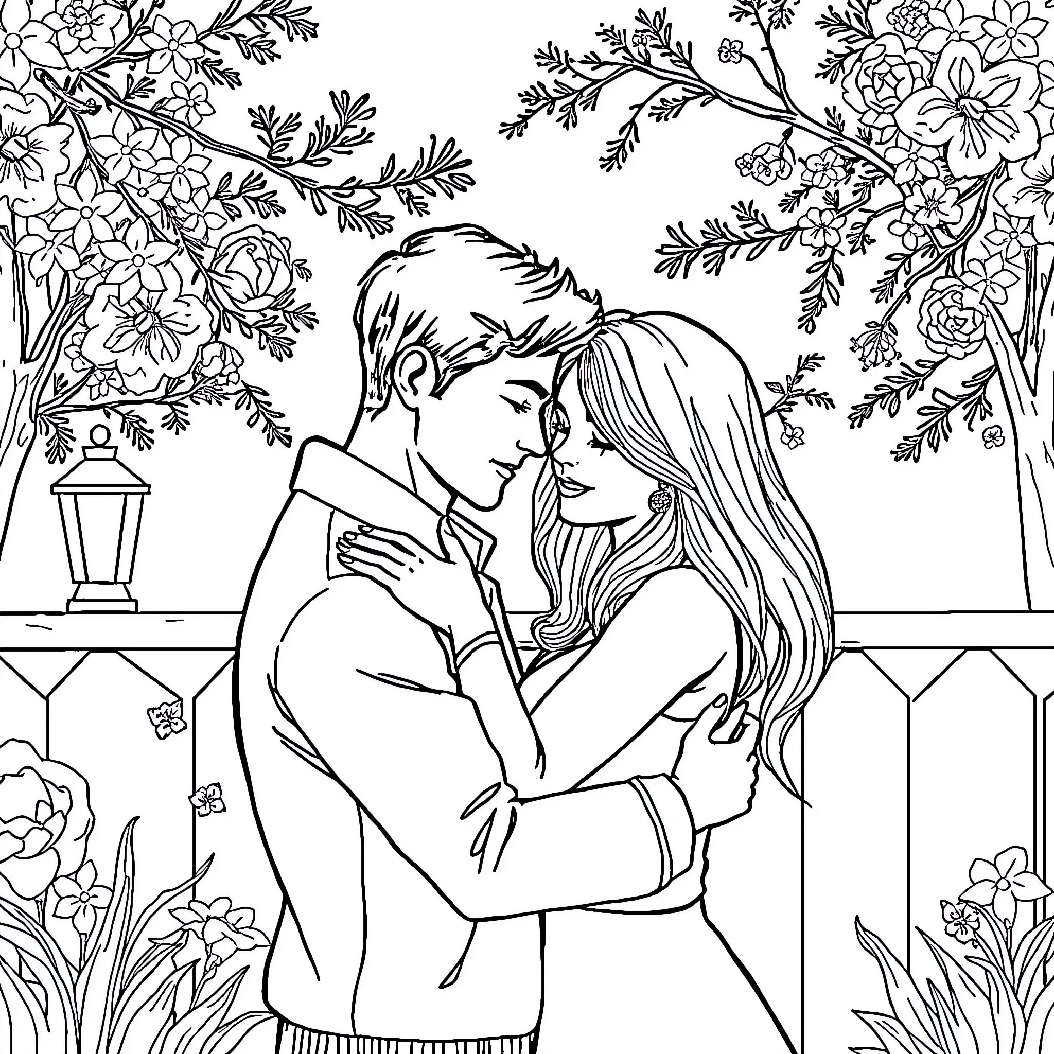 Dog Couple's Romantic Embrace in Floral Garden Coloring Page (free black-and-white line drawing printable PDF for all, from beginners to advanced learners, including children, teens, adults, and seniors)
