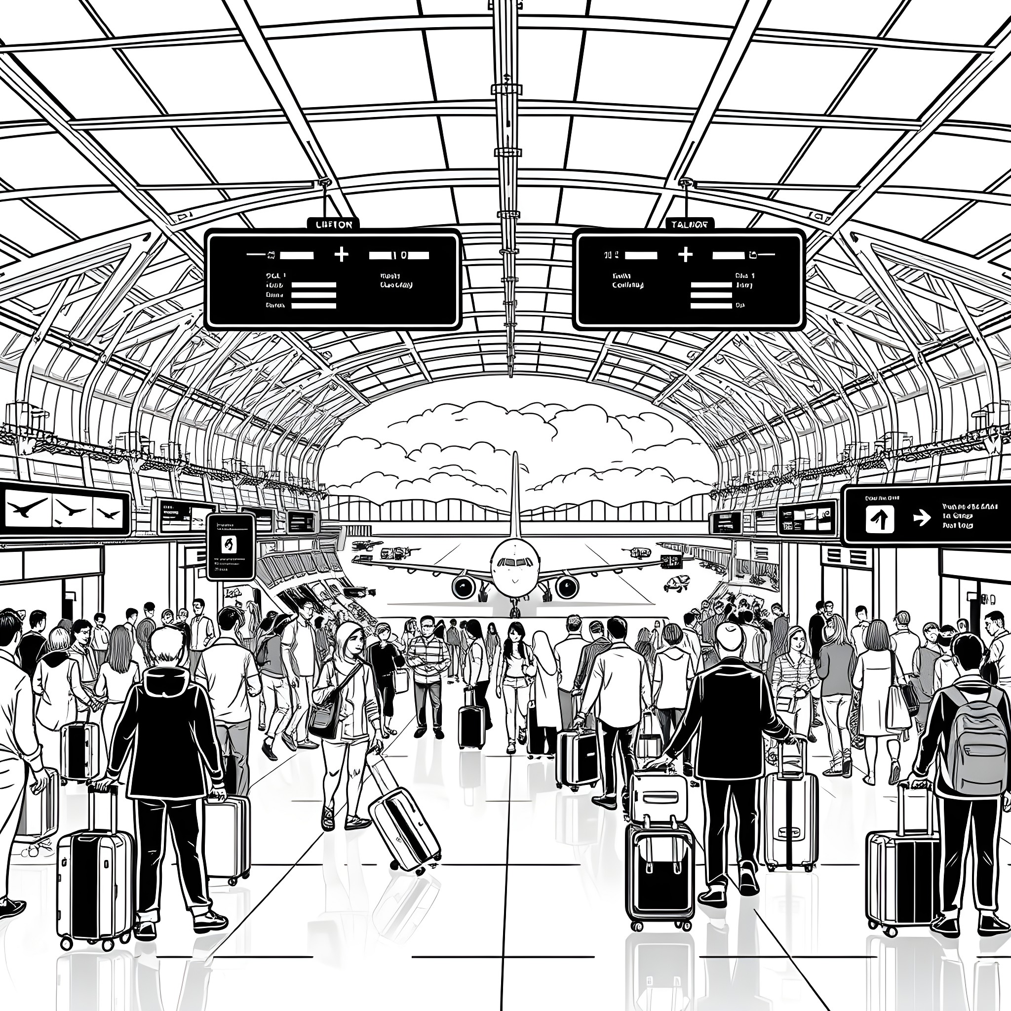 Airport Scene with Busy Crowd and Plane Coloring Page (free black-and-white line drawing printable PDF for all, from beginners to advanced learners, including children, teens, adults, and seniors)