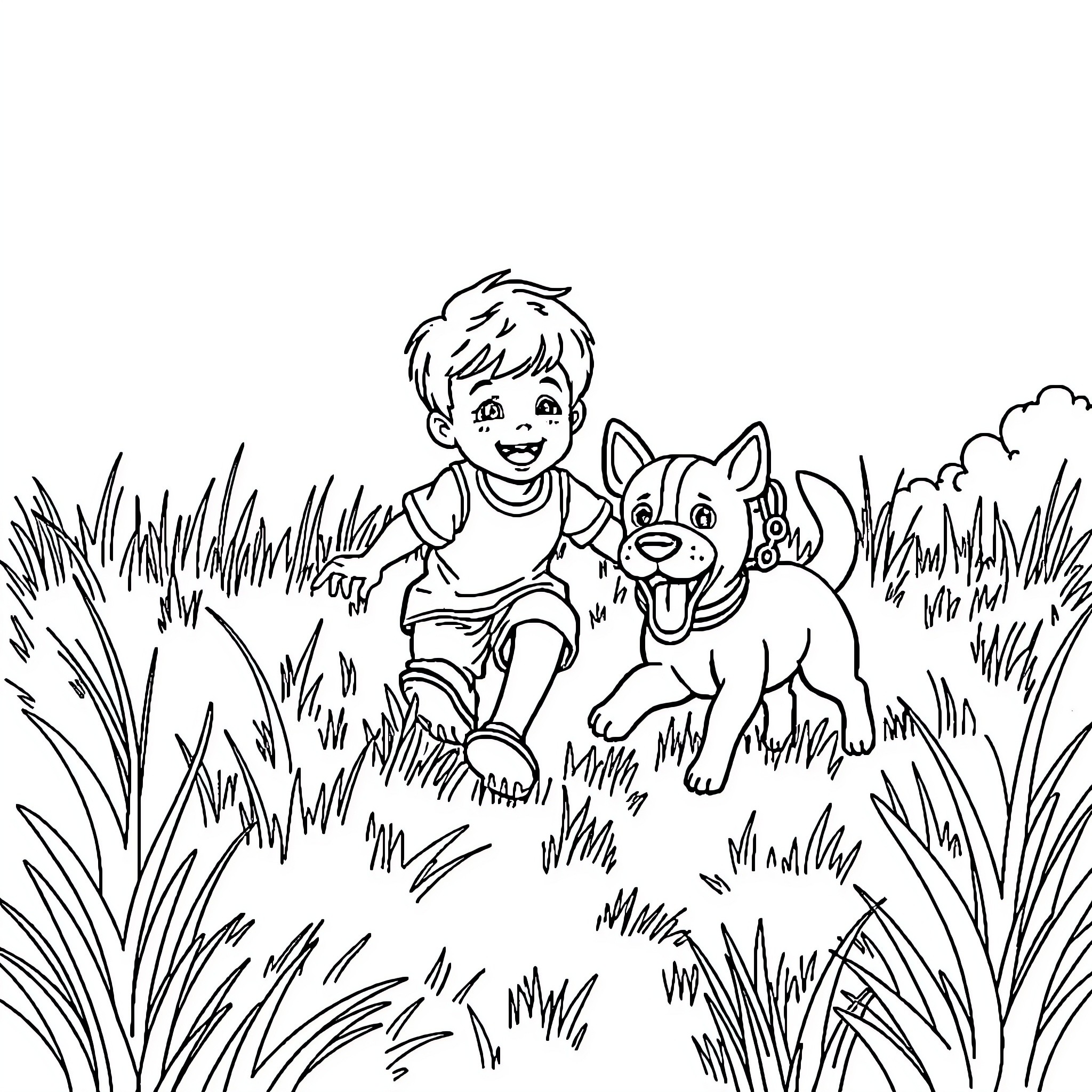 Boy playing happily with his dog in the field Coloring Page (free black-and-white line drawing printable PDF for all, from beginners to advanced learners, including children, teens, adults, and seniors)
