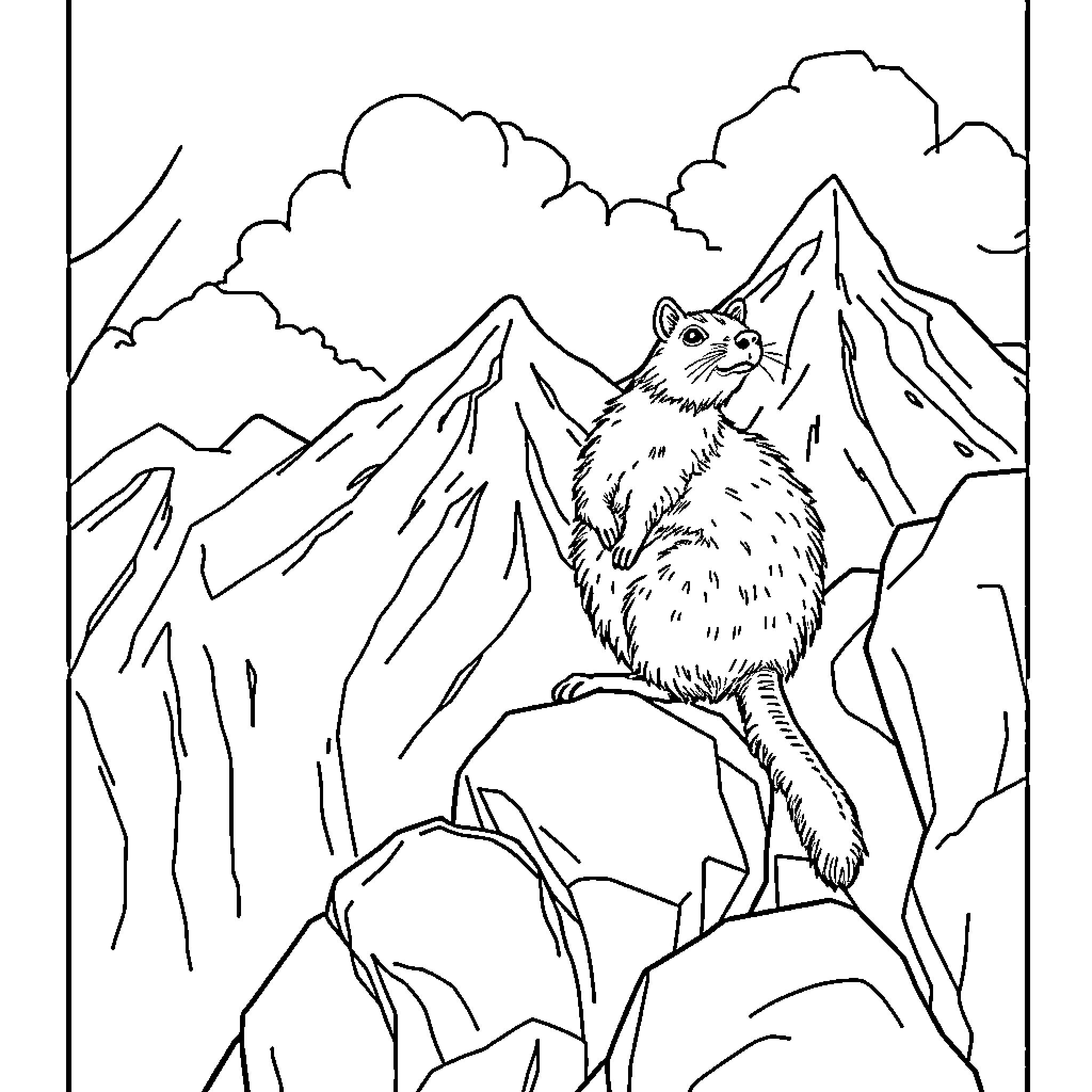 Capybara exploring majestic mountain landscape Coloring Page (free black-and-white line drawing printable PDF for all, from beginners to advanced learners, including children, teens, adults, and seniors)