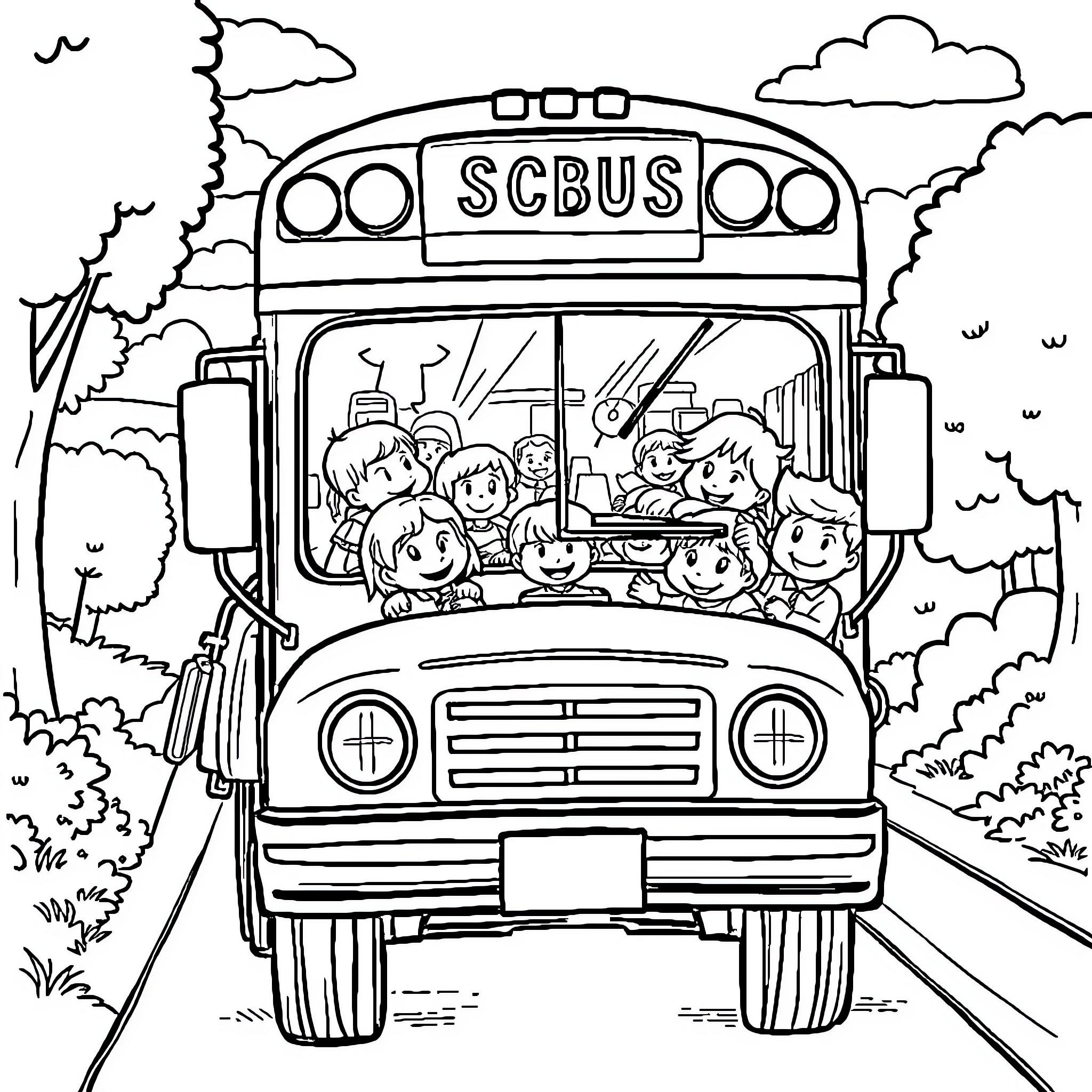 School Bus with Happy Students Riding to School Coloring Page (free black-and-white line drawing printable PDF for all, from beginners to advanced learners, including children, teens, adults, and seniors)