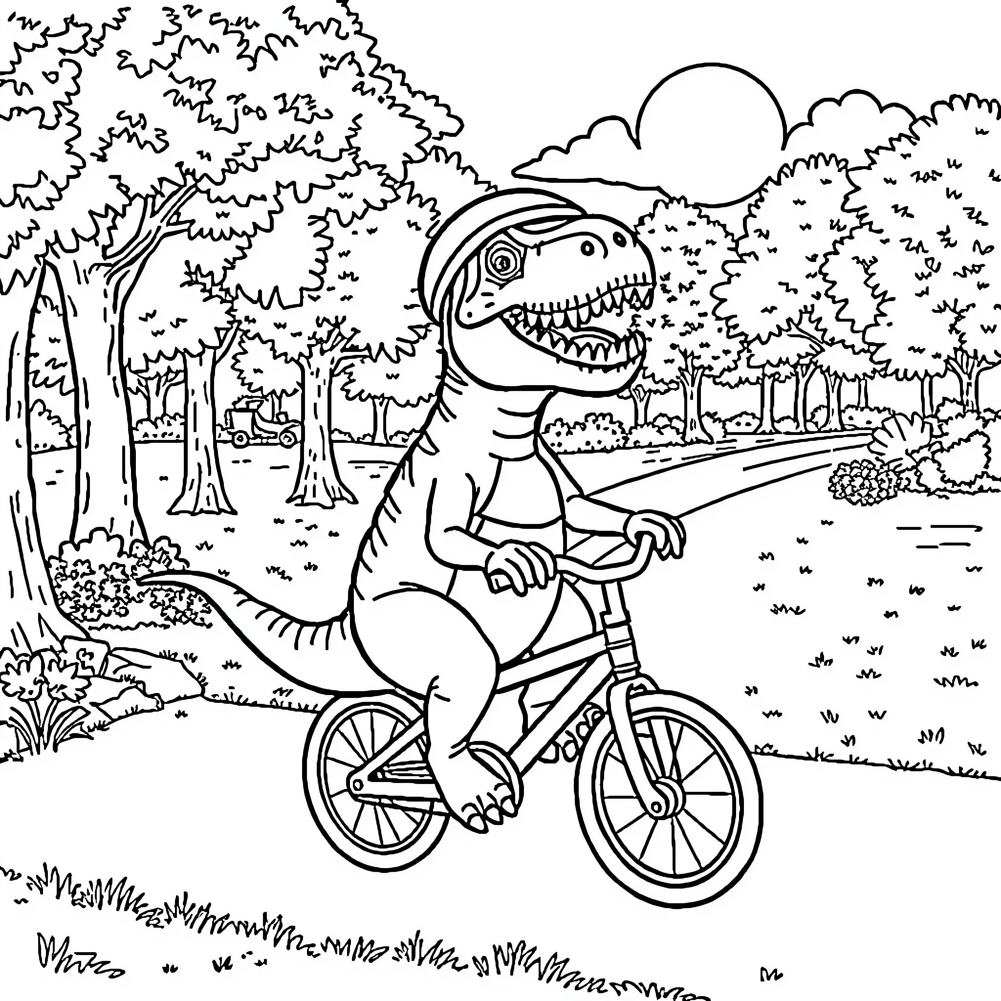 T-Rex riding a bicycle through the forest Coloring Page (free black-and-white line drawing printable PDF for all, from beginners to advanced learners, including children, teens, adults, and seniors)