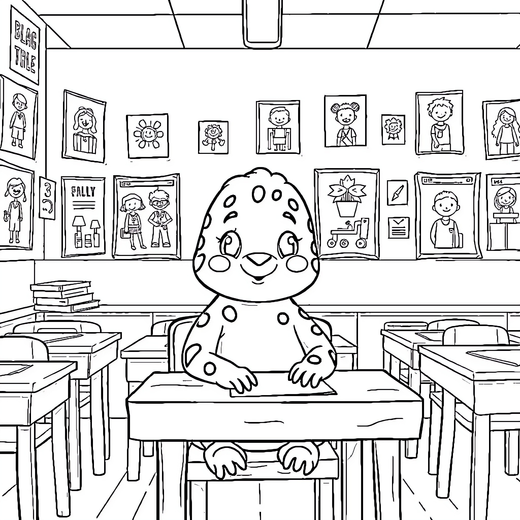 Labubu learning happily in a classroom Coloring Page (free black-and-white line drawing printable PDF for all, from beginners to advanced learners, including children, teens, adults, and seniors)