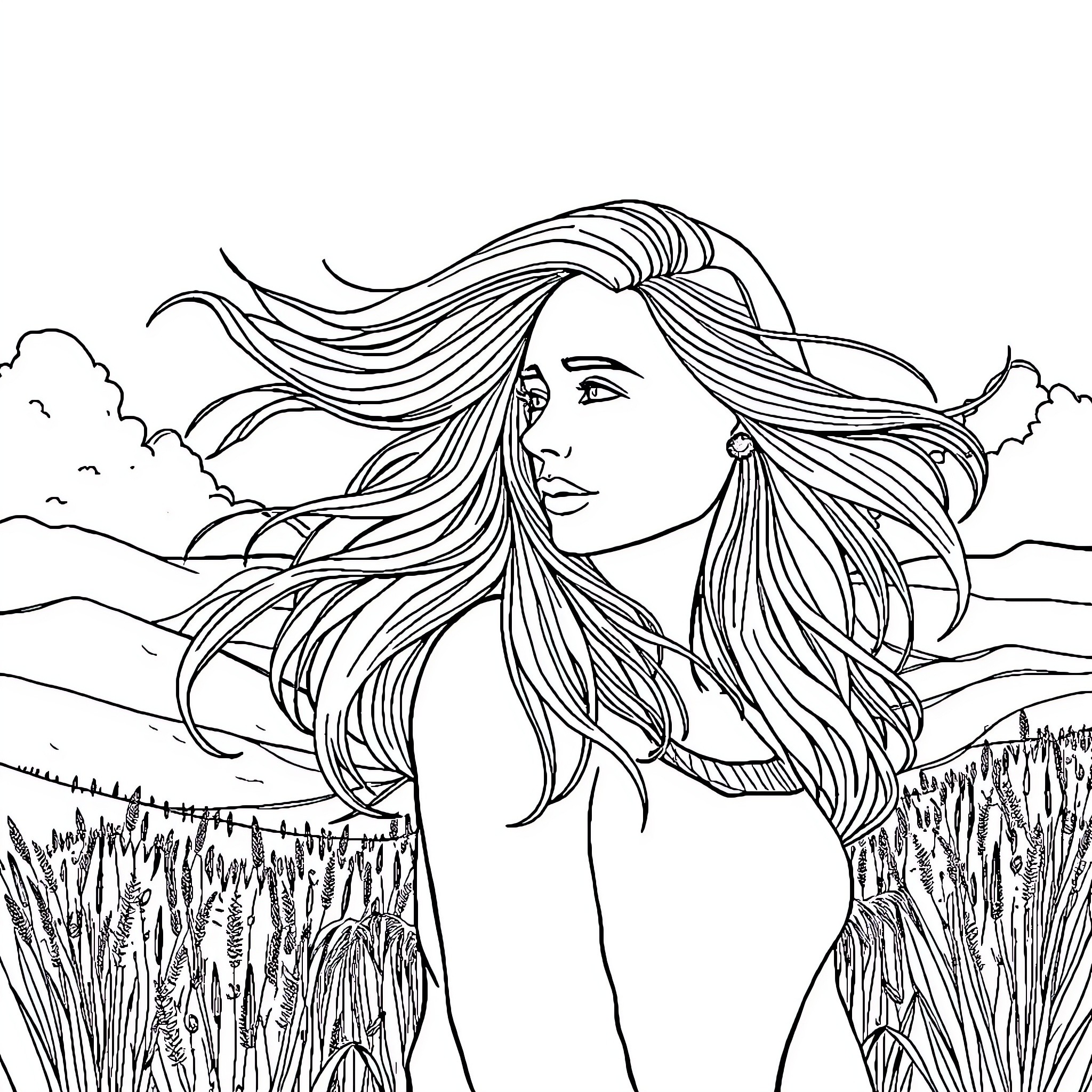 Hair Flowing Freely in the Breeze Coloring Page (free black-and-white line drawing printable PDF for all, from beginners to advanced learners, including children, teens, adults, and seniors)