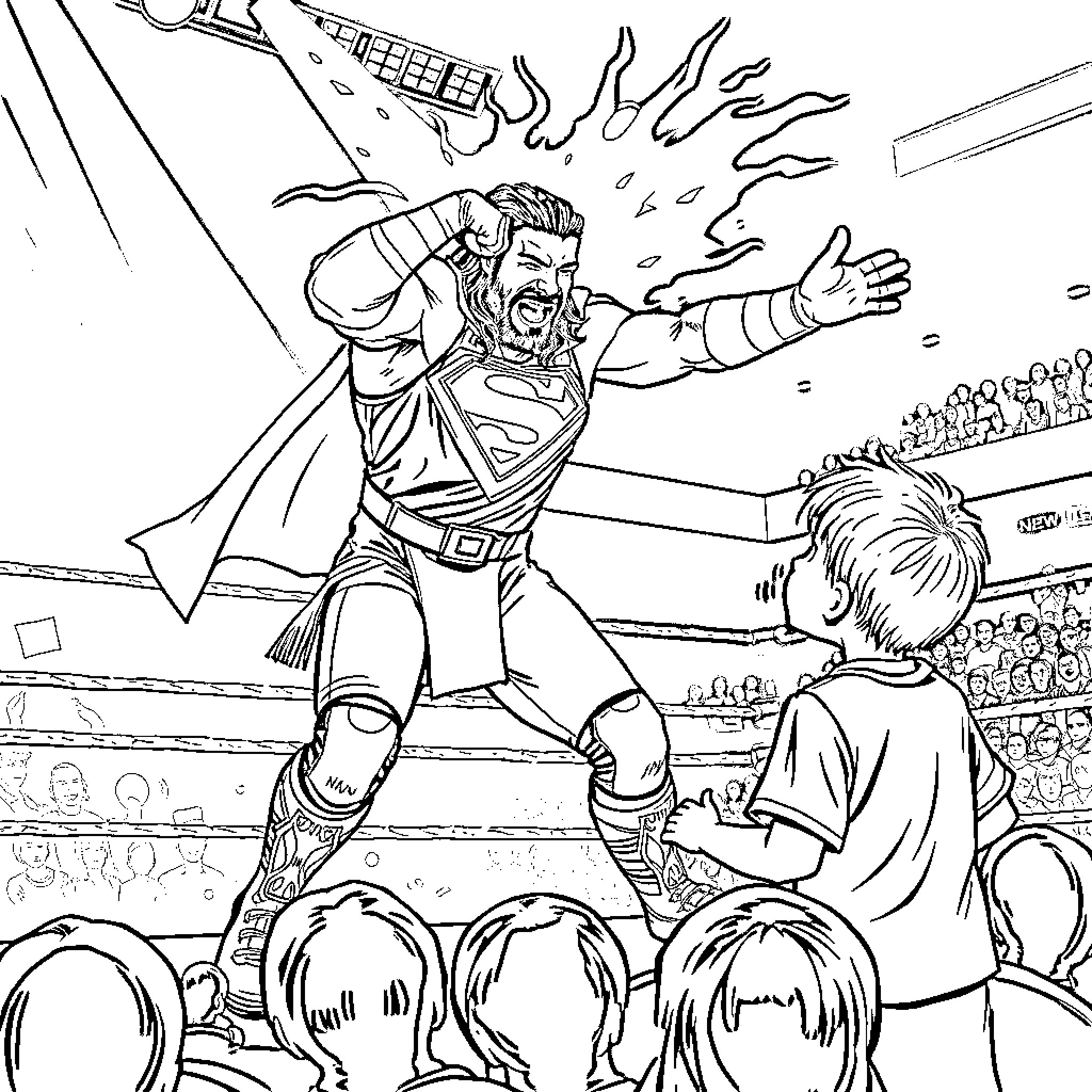 Roman Reigns Dominates the Crowd in Action-Packed Scene Coloring Page (free black-and-white line drawing printable PDF for all, from beginners to advanced learners, including children, teens, adults, and seniors)