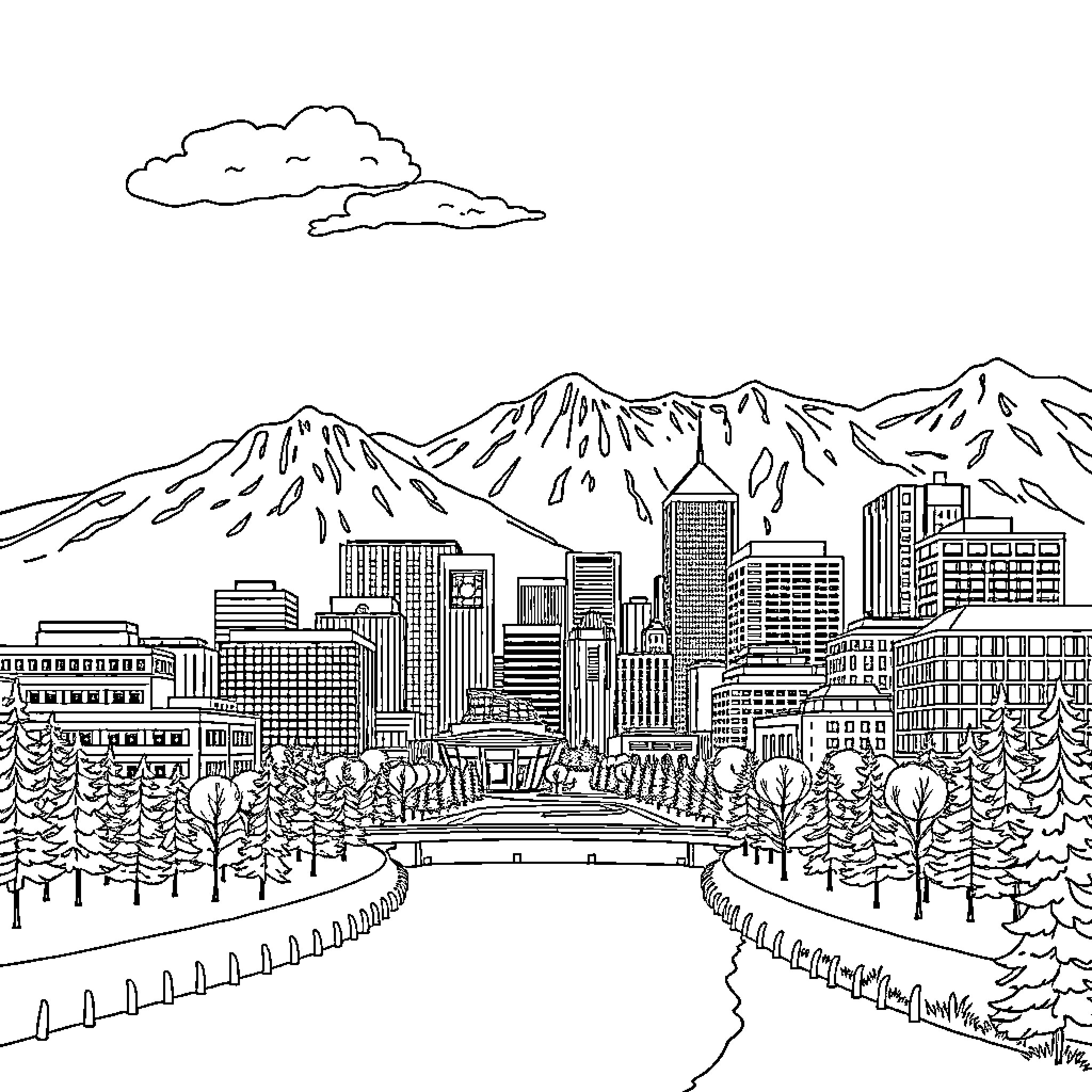 Calgary skyline with snowy mountains in the background Coloring Page (free black-and-white line drawing printable PDF for all, from beginners to advanced learners, including children, teens, adults, and seniors)