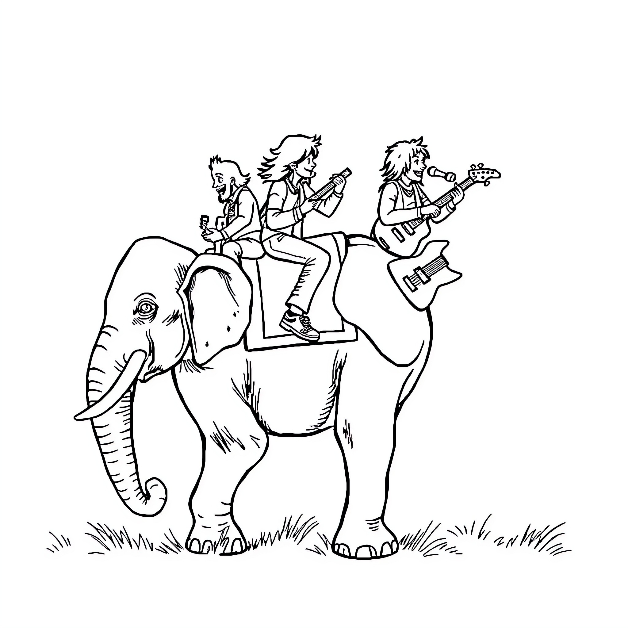 Rock Band Performing on Elephant in Nature Coloring Page (free black-and-white line drawing printable PDF for all, from beginners to advanced learners, including children, teens, adults, and seniors)