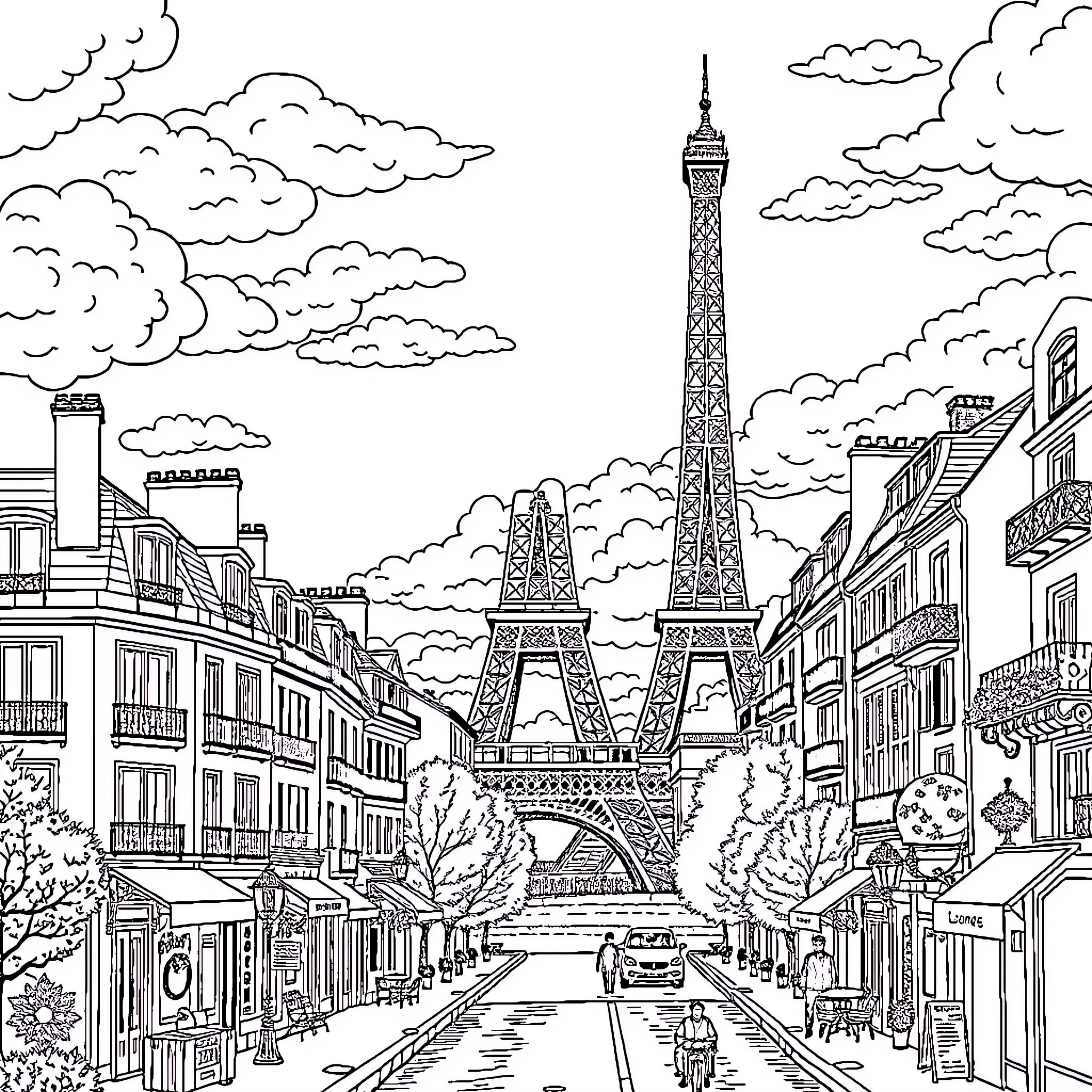 Paris cityscape with Eiffel Tower and bustling street Coloring Page (free black-and-white line drawing printable PDF for all, from beginners to advanced learners, including children, teens, adults, and seniors)
