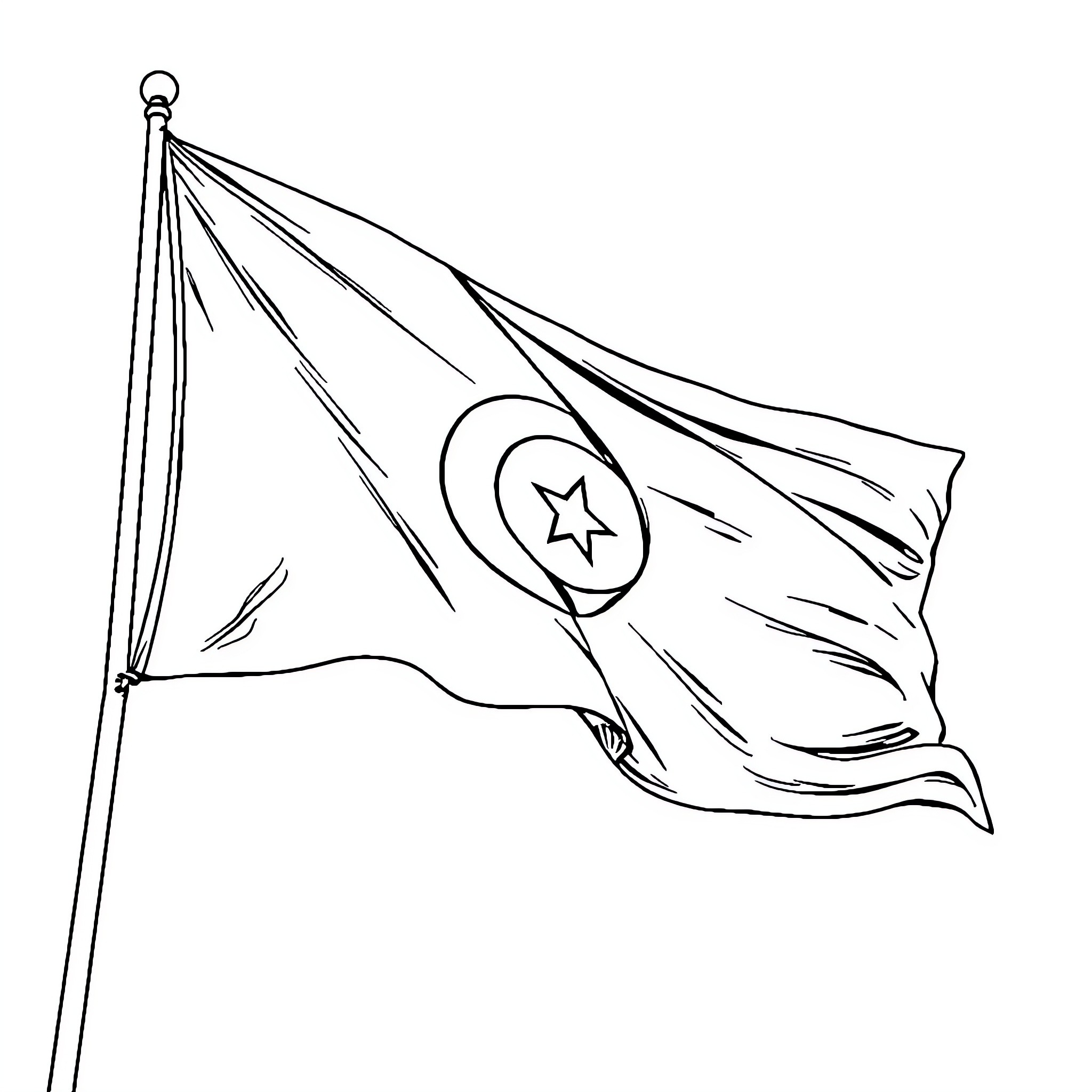Tunisia Flag waving with moon and star Coloring Page (free black-and-white line drawing printable PDF for all, from beginners to advanced learners, including children, teens, adults, and seniors)