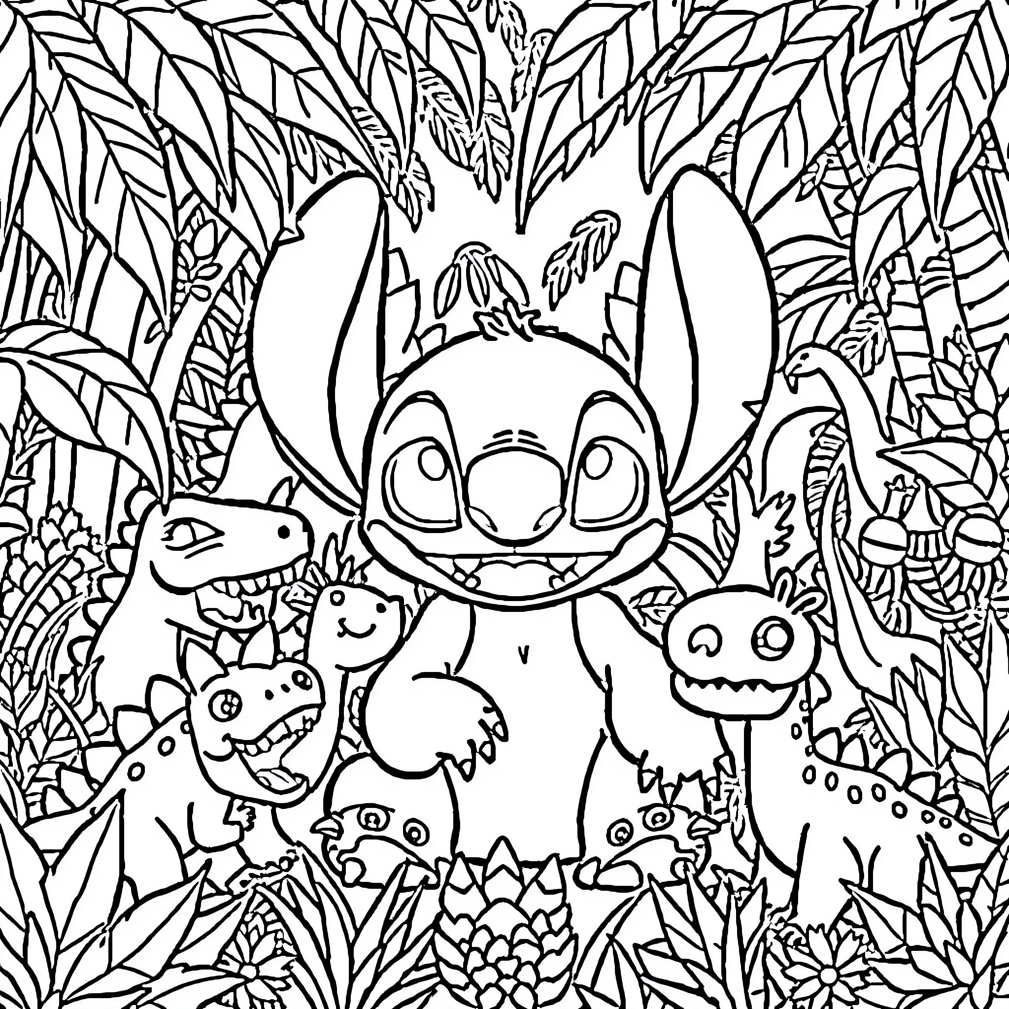 Stitch surrounded by whimsical creatures in nature Coloring Page (free black-and-white line drawing printable PDF for all, from beginners to advanced learners, including children, teens, adults, and seniors)