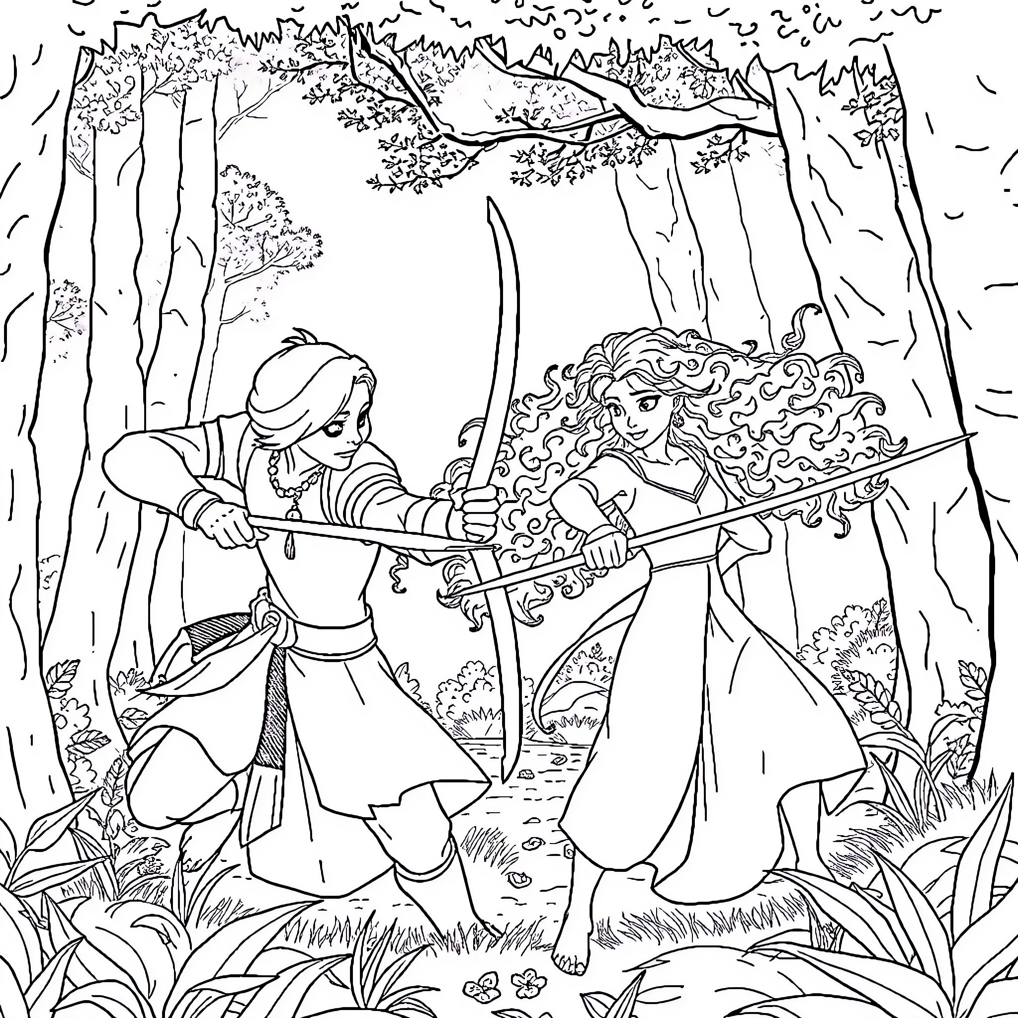 Rapunzel's adventure in the enchanted forest Coloring Page (free black-and-white line drawing printable PDF for all, from beginners to advanced learners, including children, teens, adults, and seniors)
