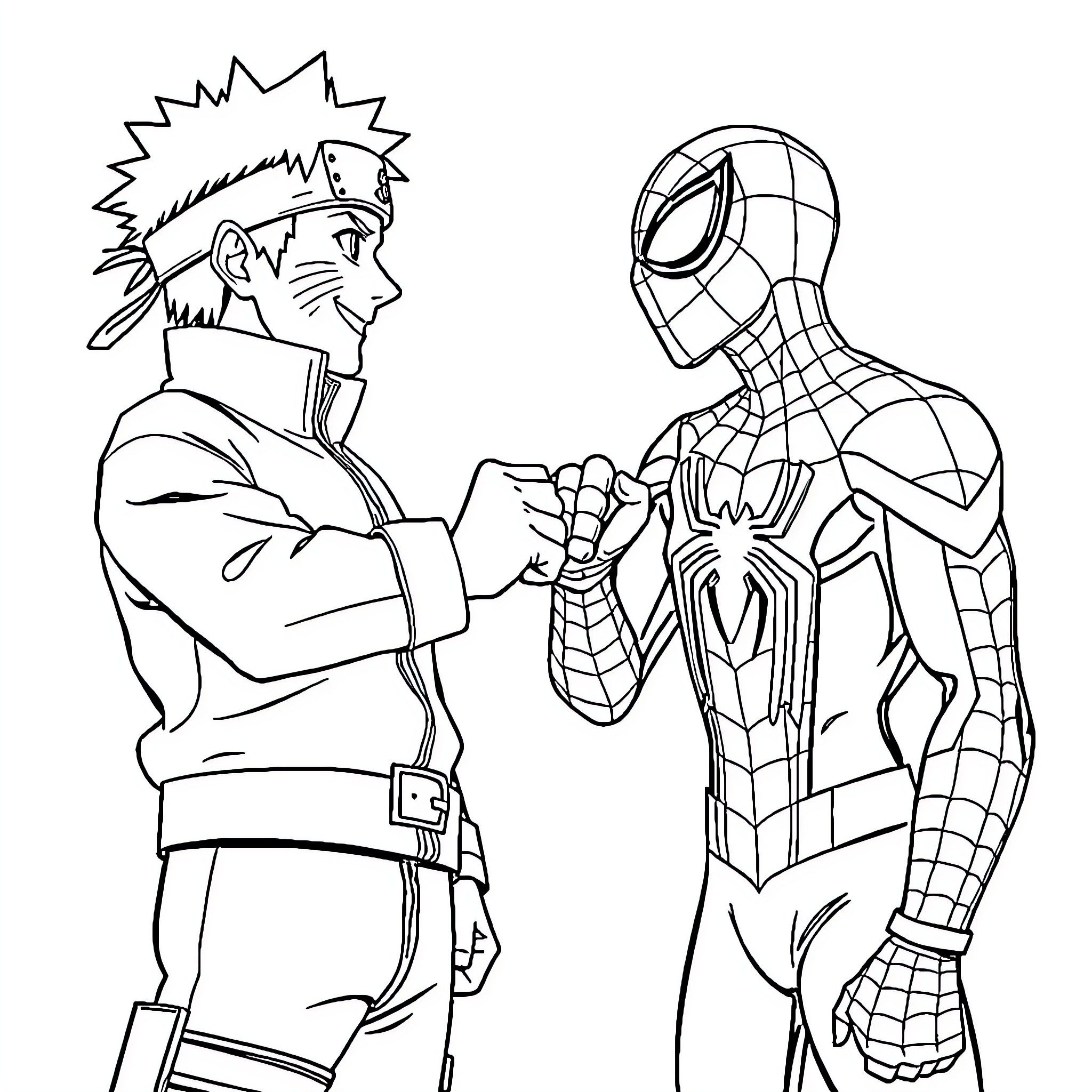 Naruto and Spider-Man shaking hands in action scene Coloring Page (free black-and-white line drawing printable PDF for all, from beginners to advanced learners, including children, teens, adults, and seniors)