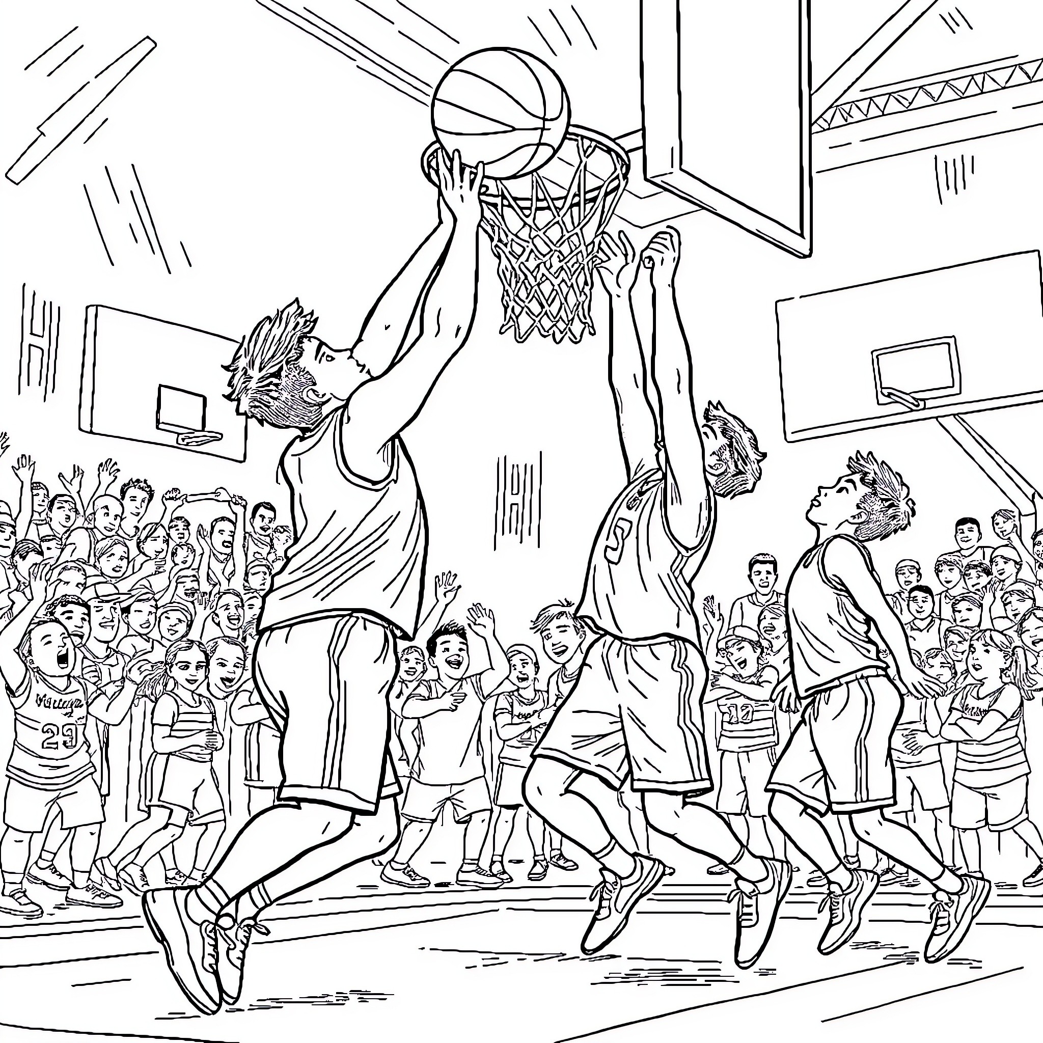 Mover's Dynamic Basketball Game Coloring Page (free black-and-white line drawing printable PDF for all, from beginners to advanced learners, including children, teens, adults, and seniors)