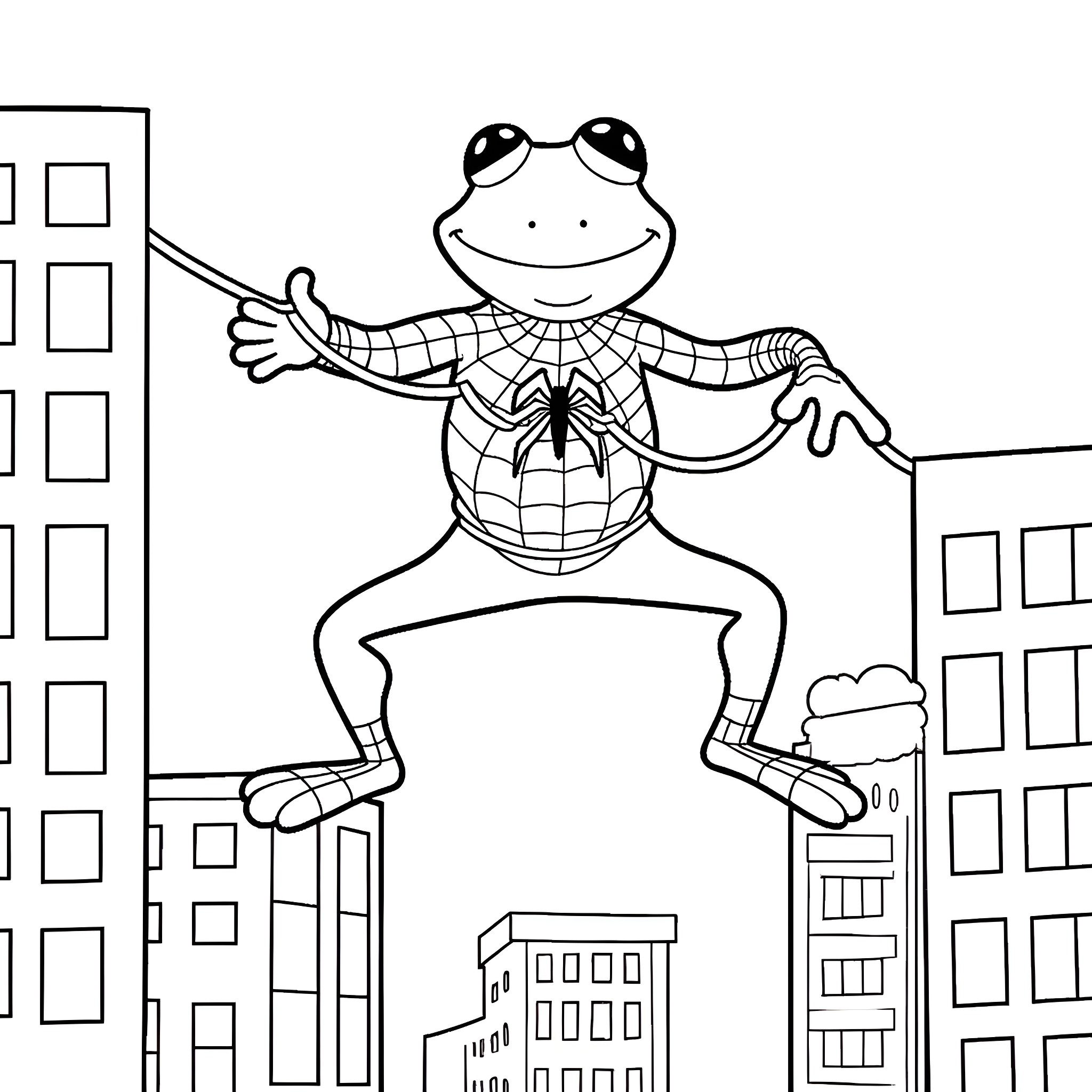 Kermit the Spider-Frog swinging over city buildings Coloring Page (free black-and-white line drawing printable PDF for all, from beginners to advanced learners, including children, teens, adults, and seniors)