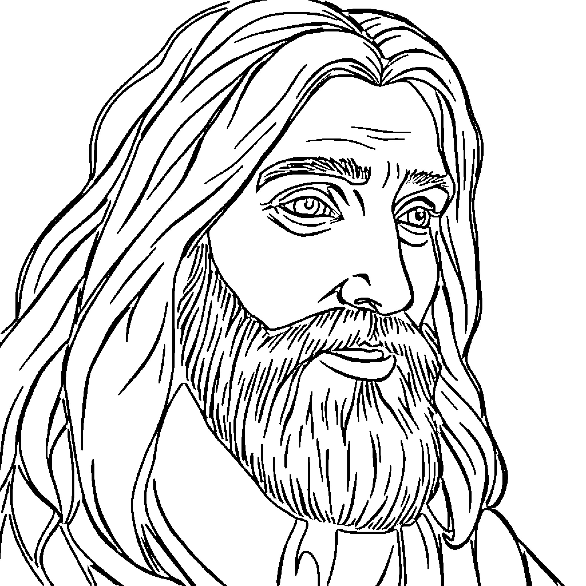 Jesus Christ with long hair and beard Coloring Page (free black-and-white line drawing printable PDF for all, from beginners to advanced learners, including children, teens, adults, and seniors)