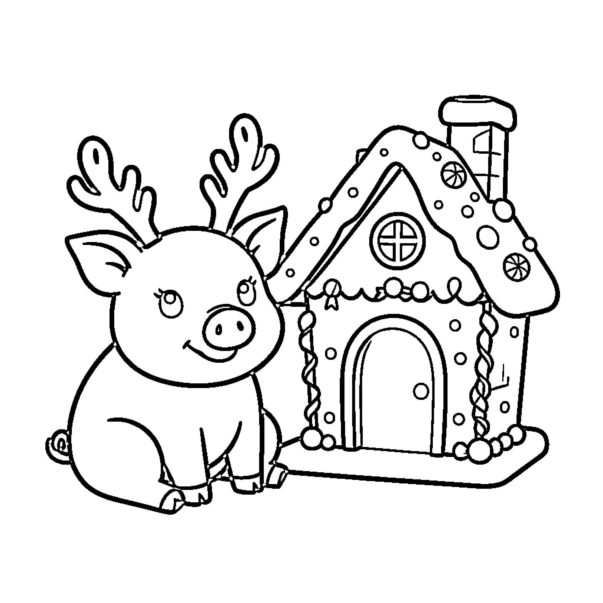 Pig wearing antlers sitting by a gingerbread house Coloring Page (free black-and-white line drawing printable PDF for all, from beginners to advanced learners, including children, teens, adults, and seniors)