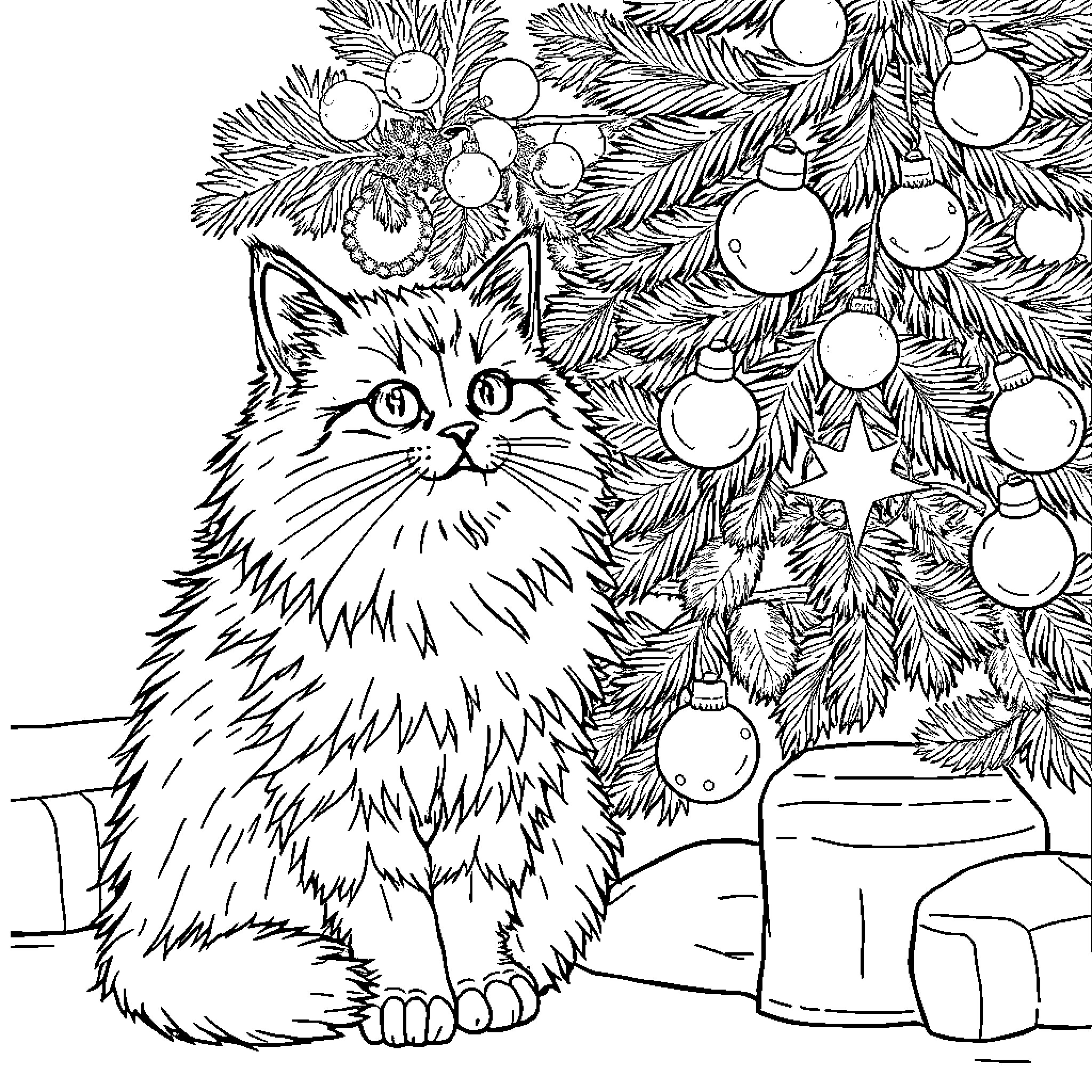 Cat amid festive holiday decor Coloring Page (free black-and-white line drawing printable PDF for all, from beginners to advanced learners, including children, teens, adults, and seniors)