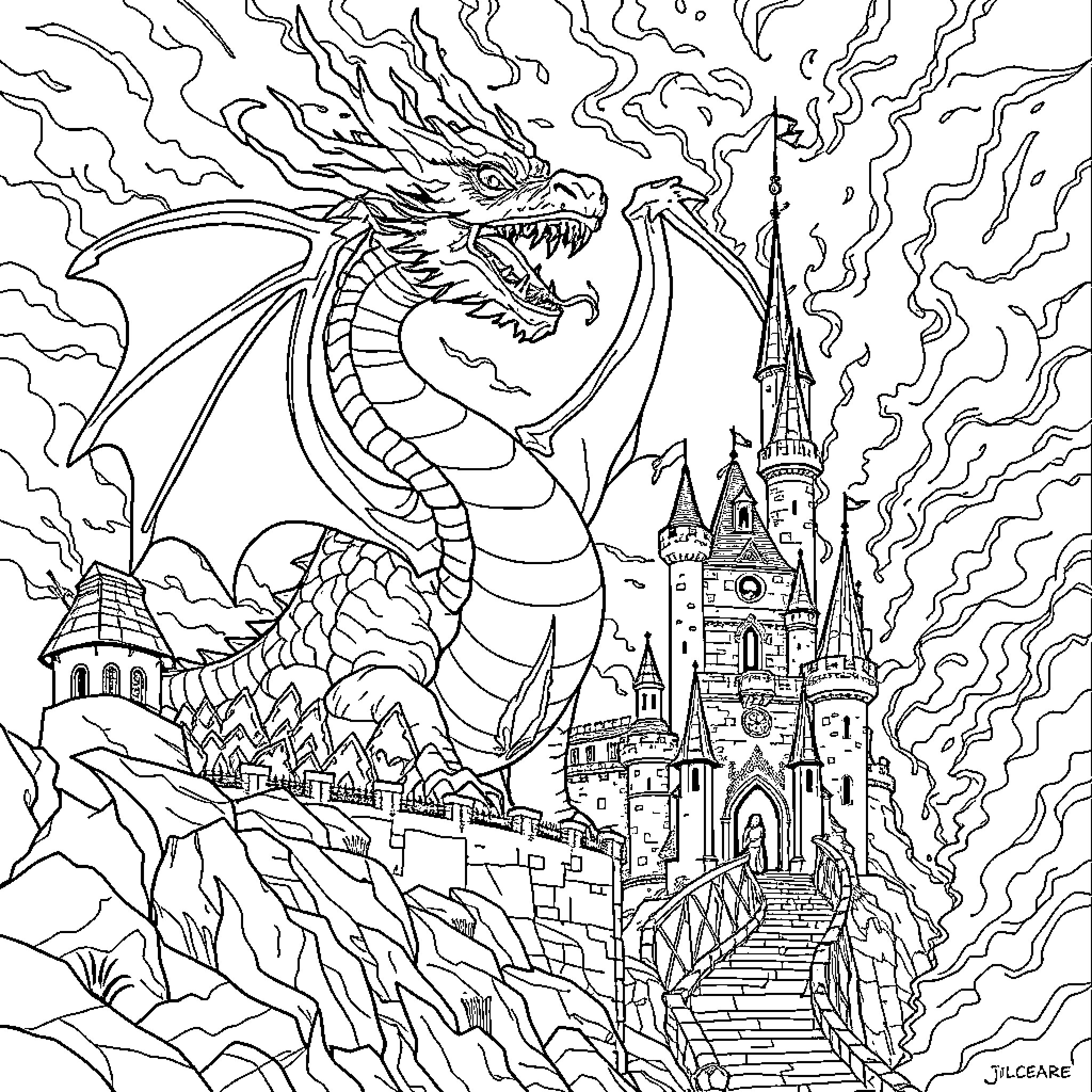 Dragon guarding a fantasy castle Coloring Page (free black-and-white line drawing printable PDF for all, from beginners to advanced learners, including children, teens, adults, and seniors)