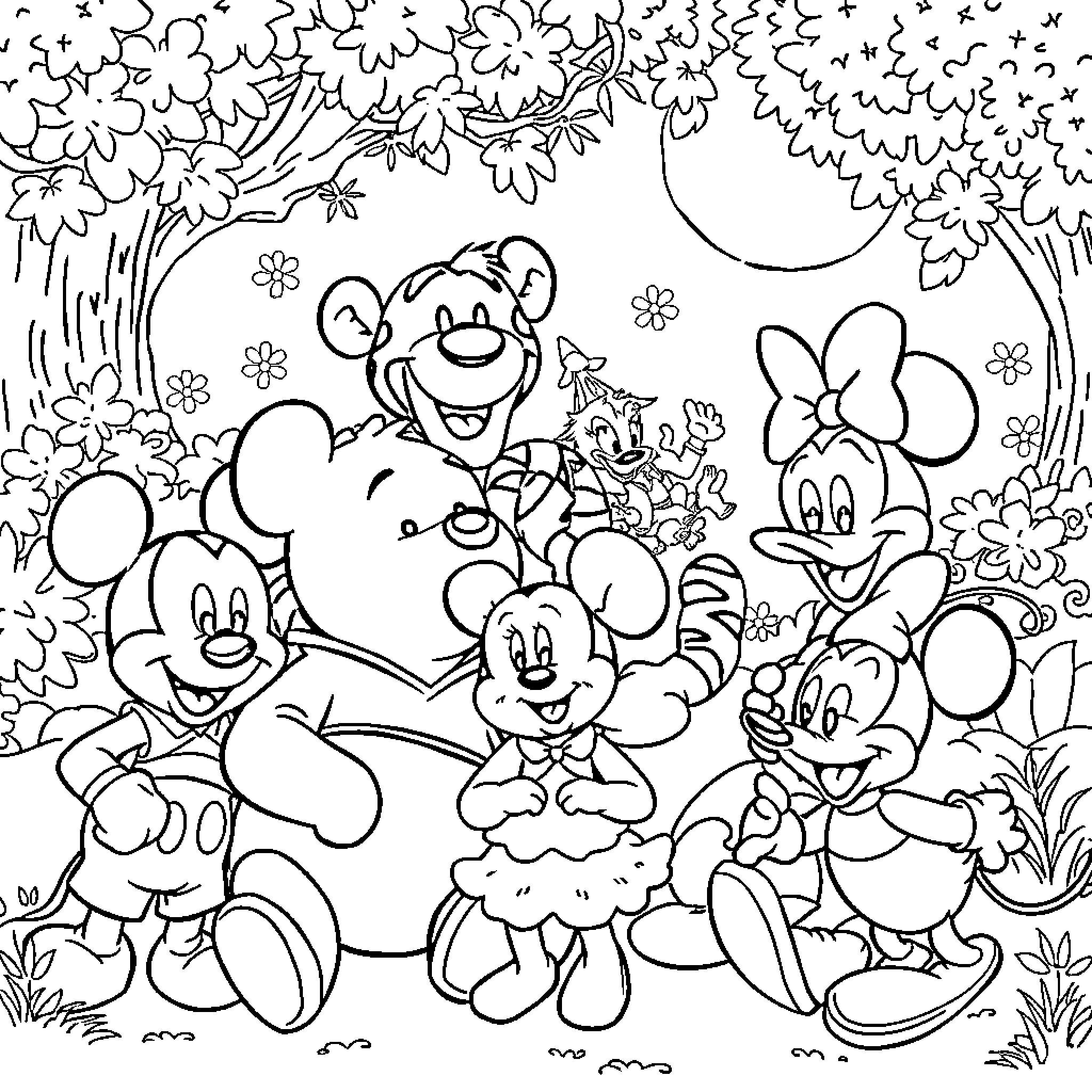 Character playing happily in the enchanted forest Coloring Page (free black-and-white line drawing printable PDF for all, from beginners to advanced learners, including children, teens, adults, and seniors)