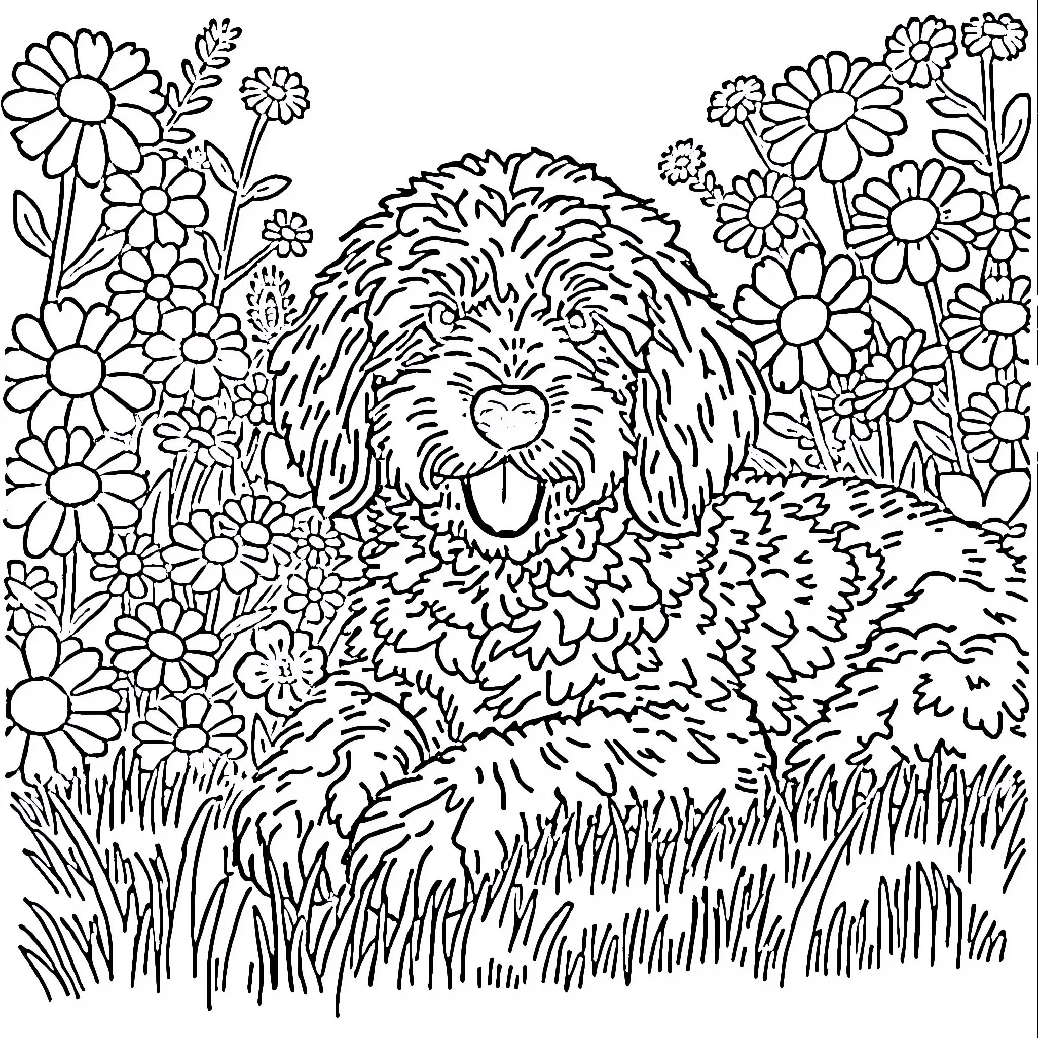 Doodle of a fluffy dog playing in a flower field Coloring Page (free black-and-white line drawing printable PDF for all, from beginners to advanced learners, including children, teens, adults, and seniors)