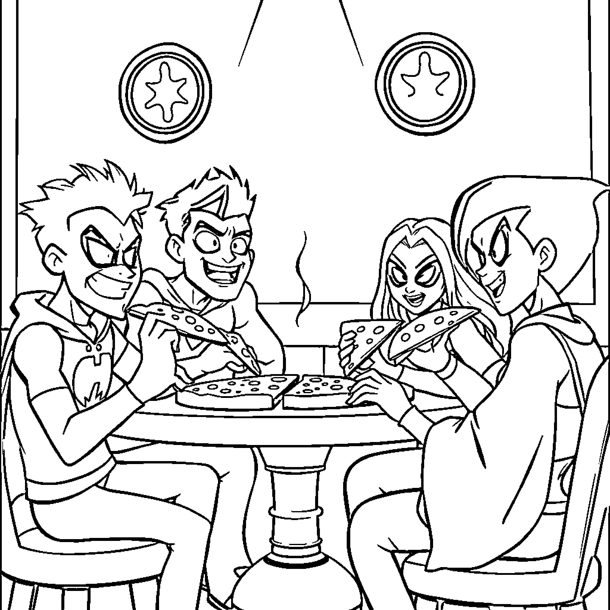 Teen Titans enjoying a pizza party Coloring Page (free black-and-white line drawing printable PDF for all, from beginners to advanced learners, including children, teens, adults, and seniors)